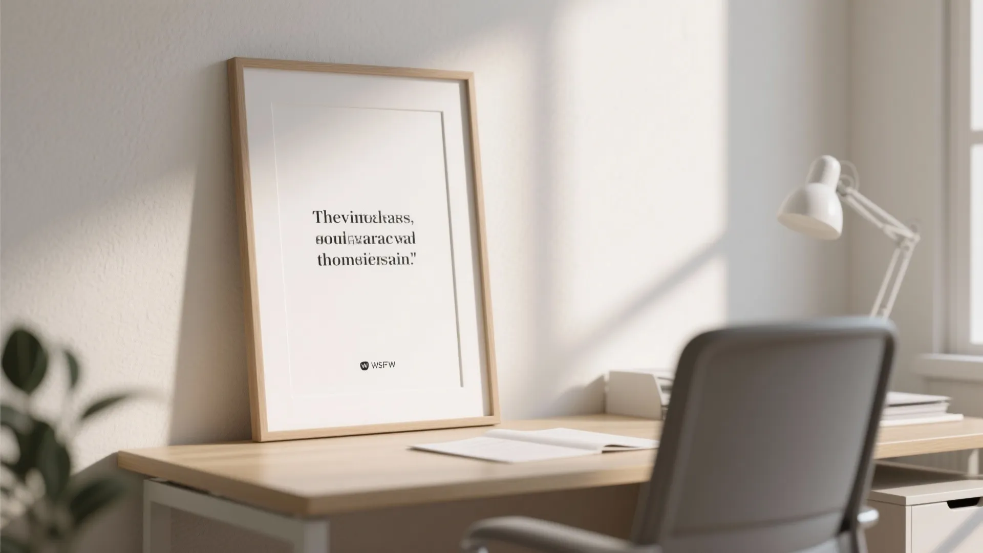 Minimalist wooden frame with quote on light wood desk with chair and white desk lamp