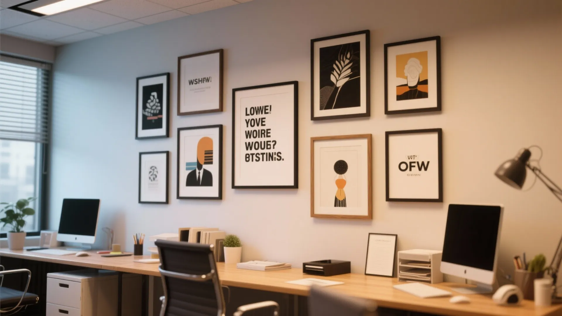 Office wall decorated with gallery of framed art prints above long wooden desk with computers