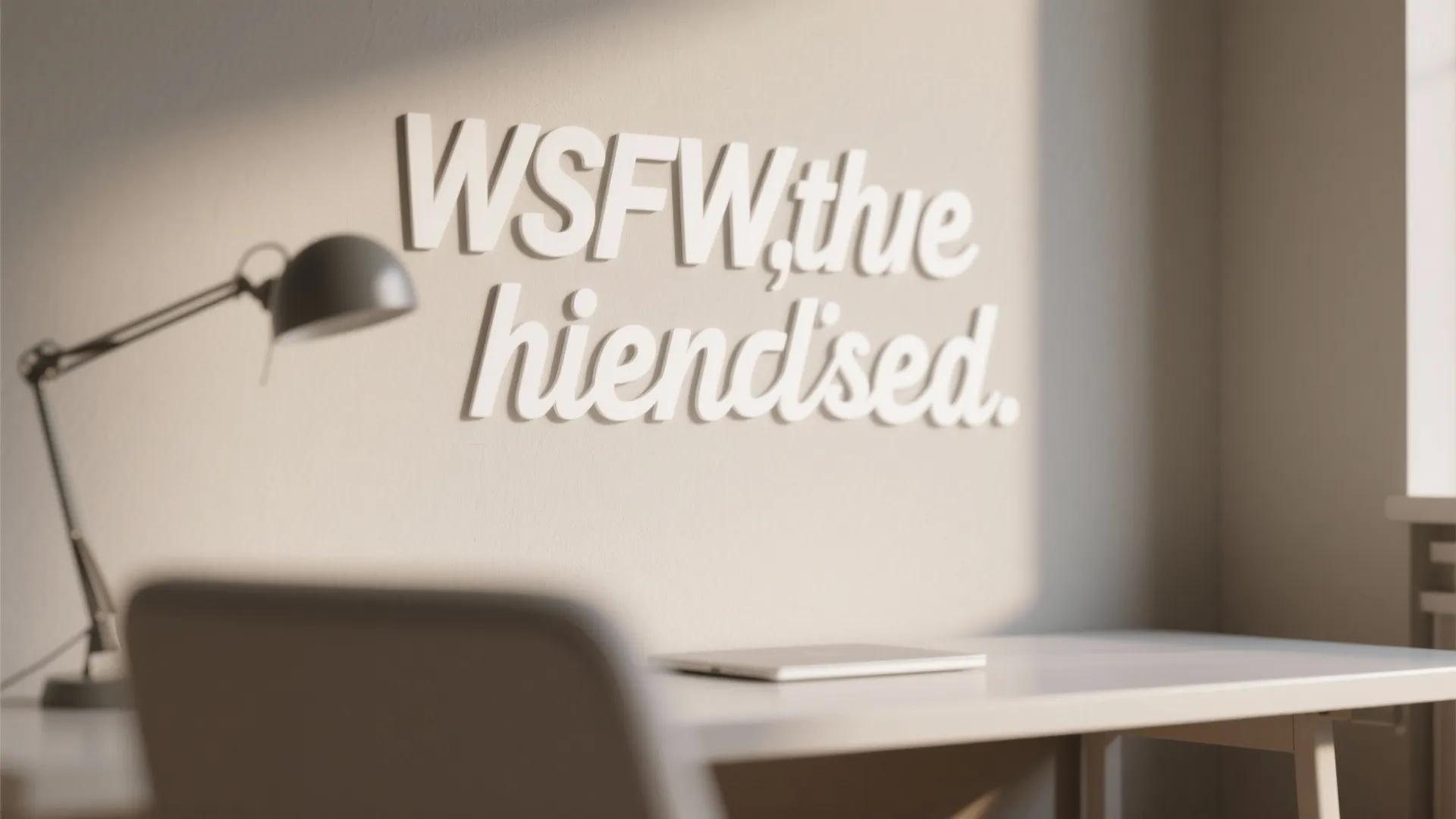 Minimalist white wall with 3D text decal above a white desk with a black lamp