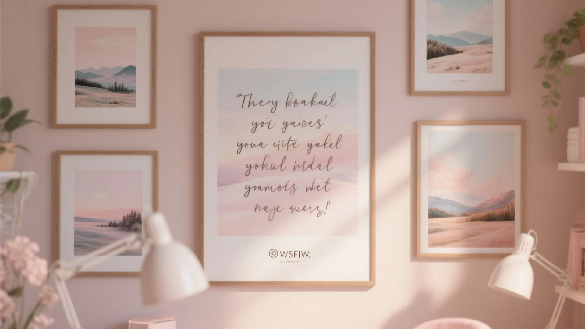 Five framed art pieces on pink wall with central quote poster and two white table lamps
