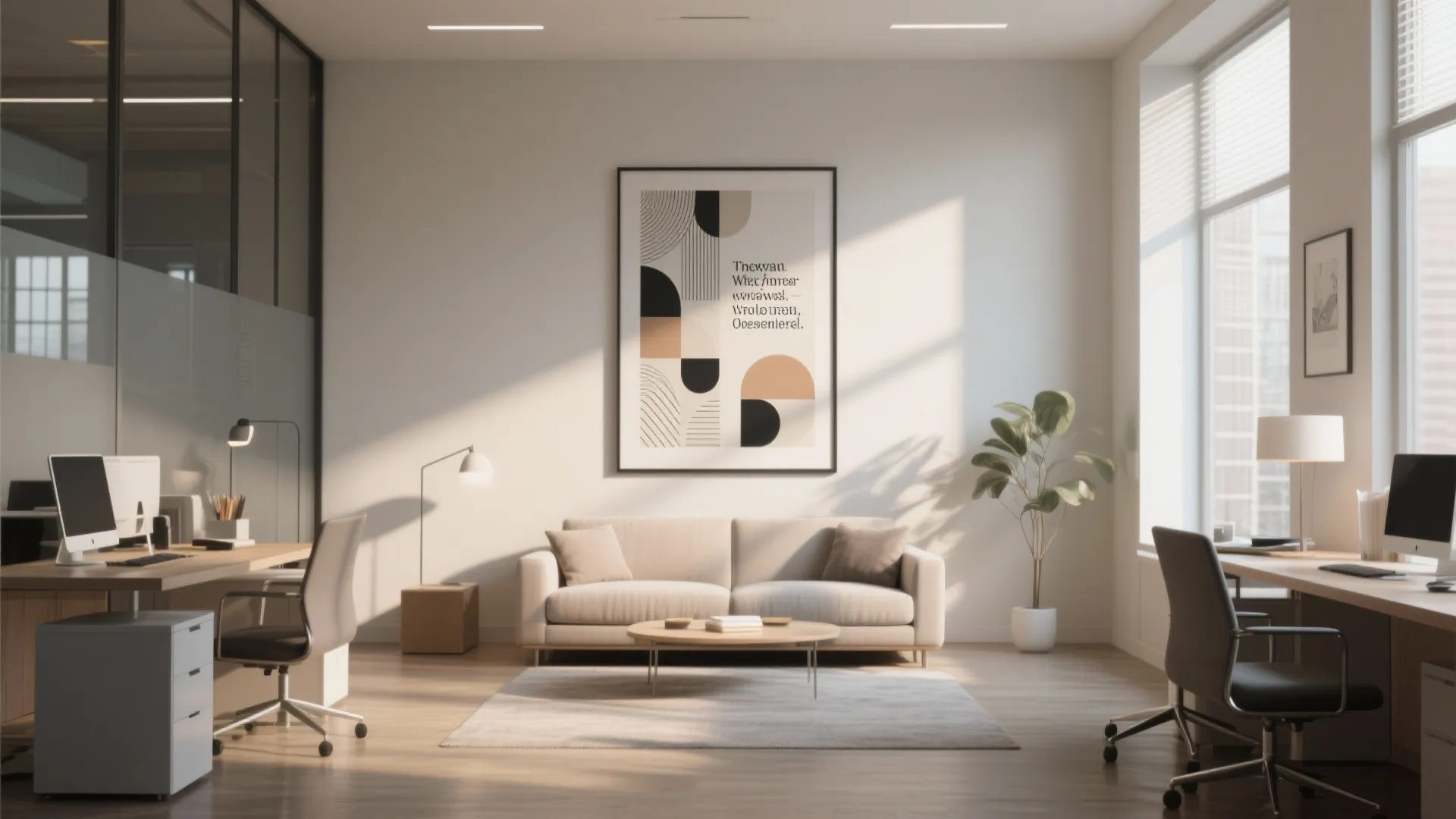 Bright home office interior with beige sofa wall art plant desks chairs and natural sunlight