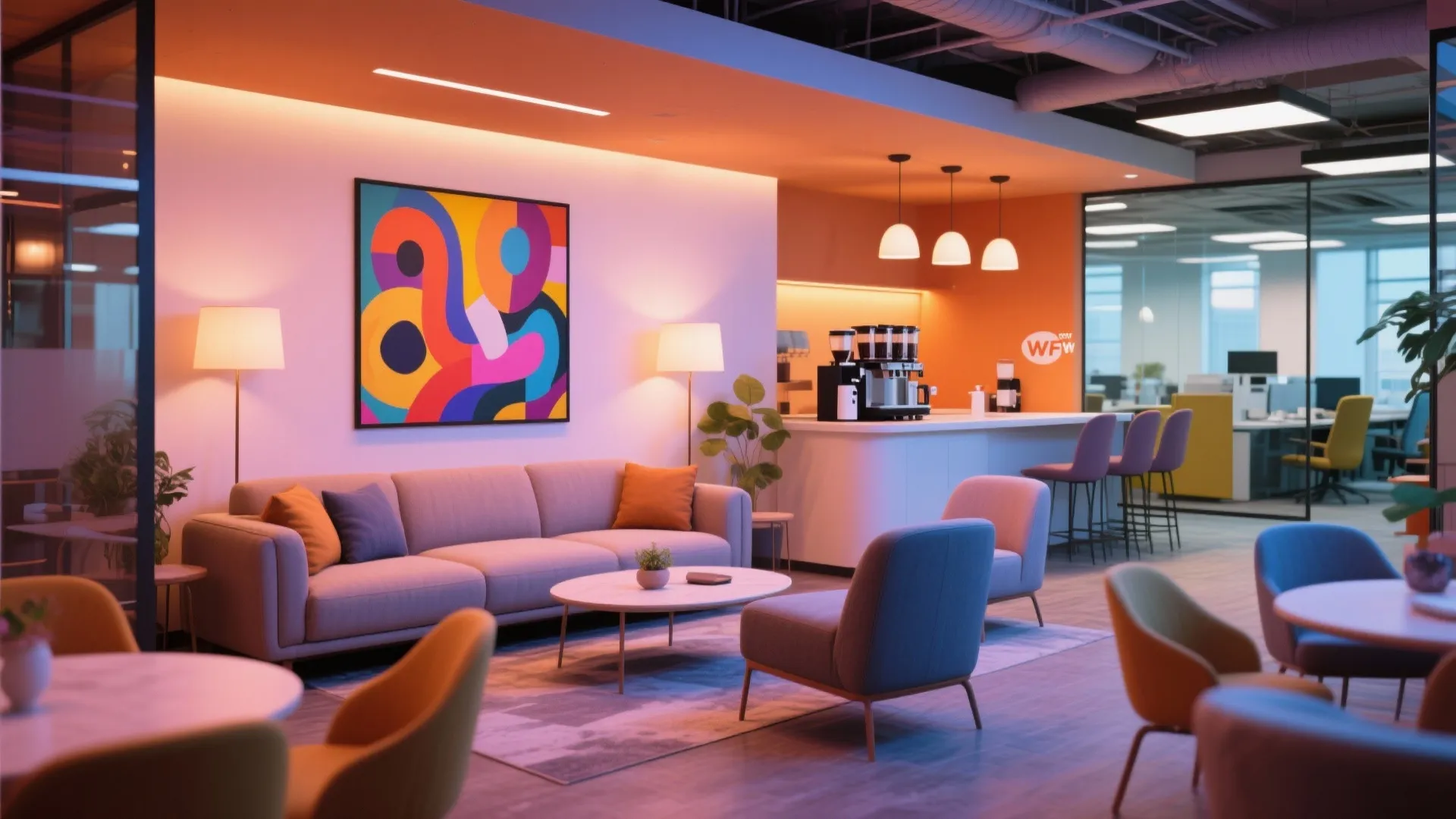 Modern office breakout area with purple sofa colorful wall art coffee bar and round marble tables