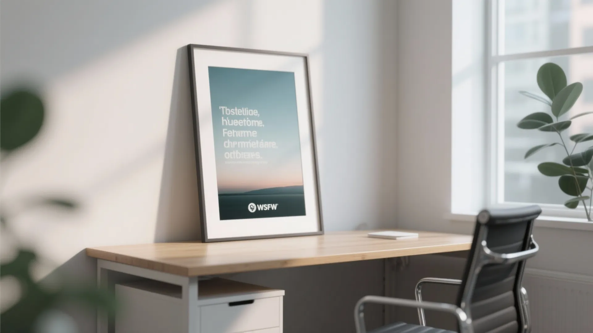 Modern wood desk featuring a framed art poster leaning against a white wall near window