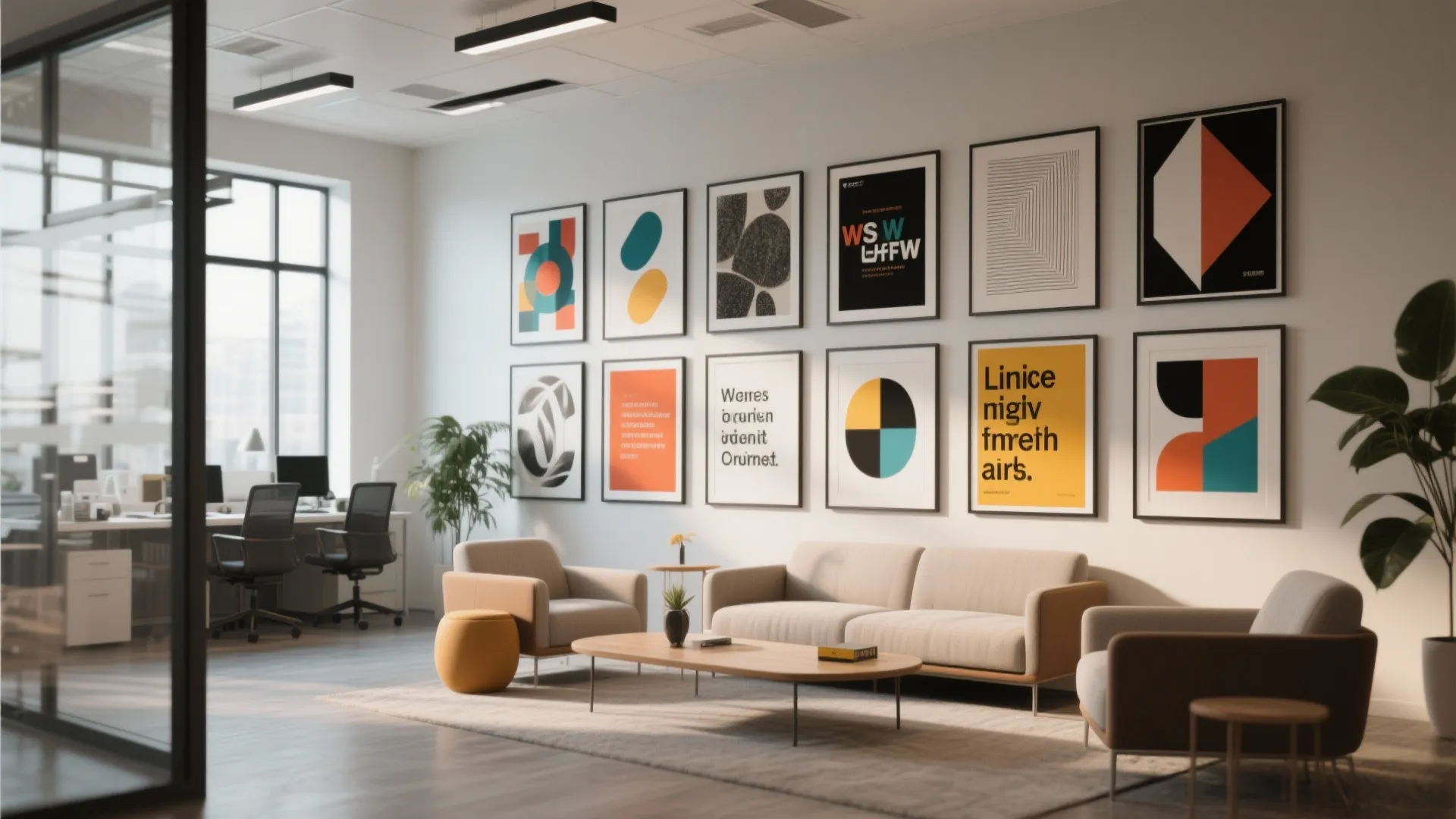 Modern office waiting area with colorful wall art posters sofa coffee table and light fixtures