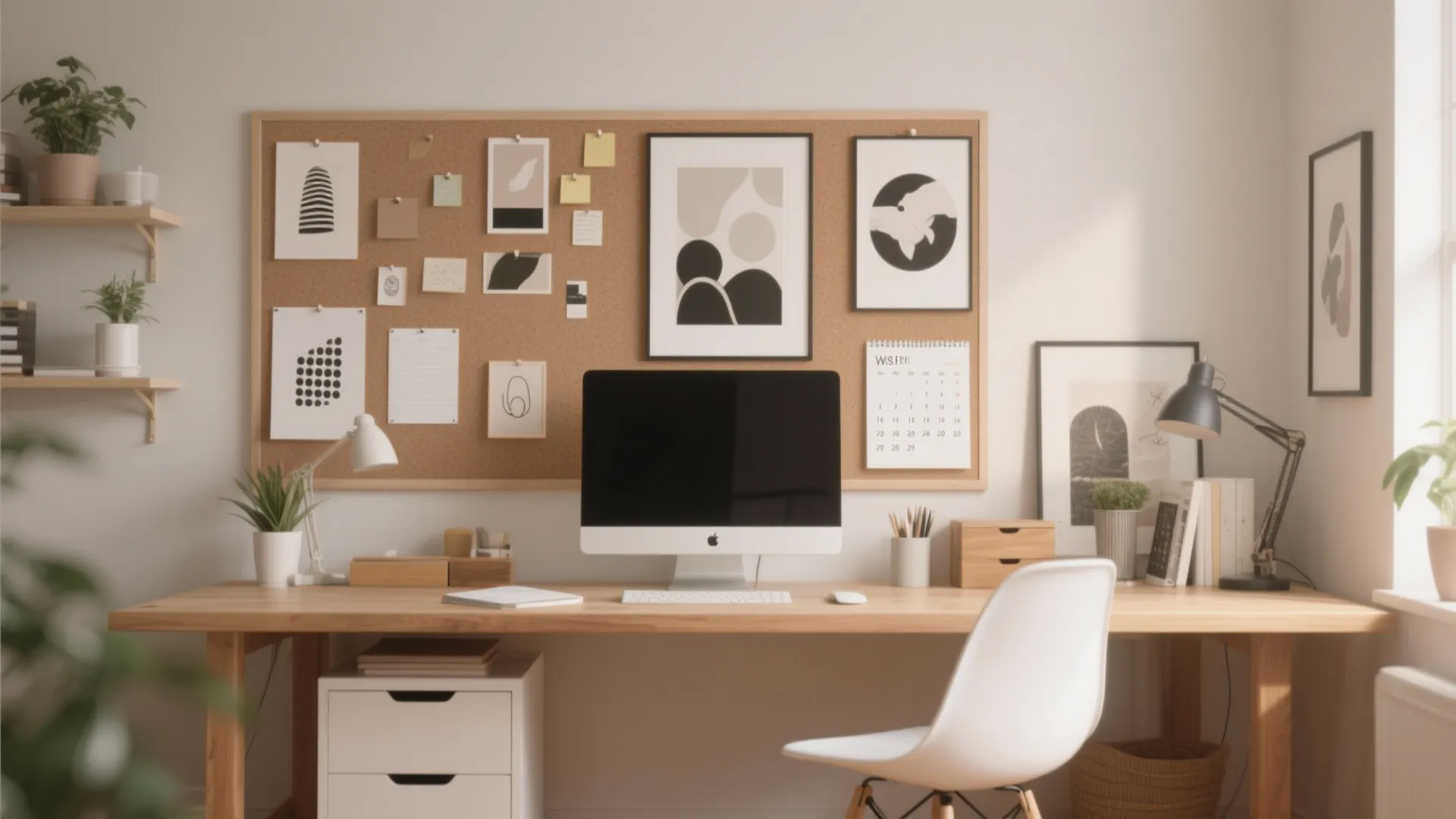 Home office with wooden desk, computer, white chair, and large cork board with various notes