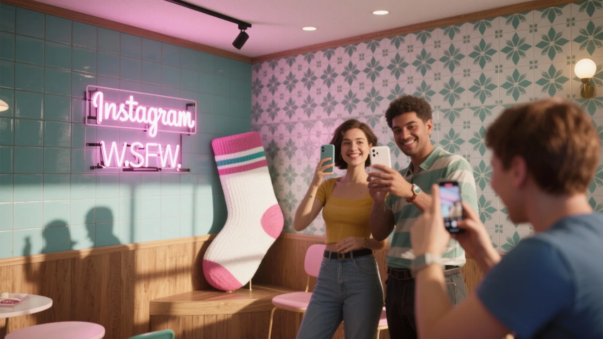 Authentic photo corner in a laundromat with patterned tile, neon sign, and a quirky sock prop.