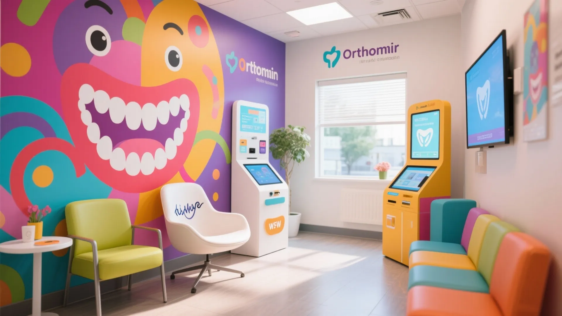 Colorful orthodontic waiting area with bold graphics and photo spot