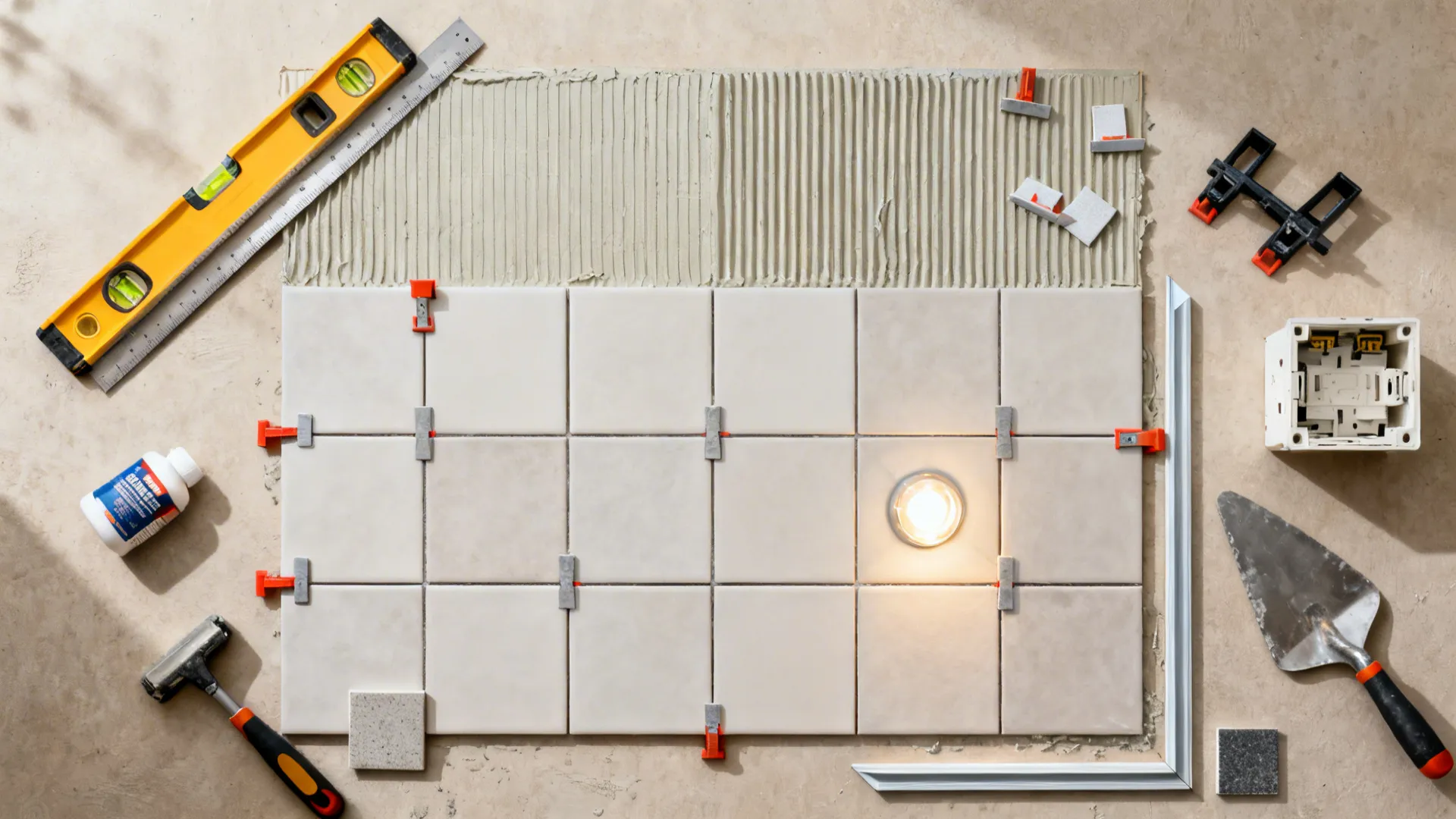 Top view of floor tiles being installed with adhesive, spacers, level, trowel, hammer, and lights