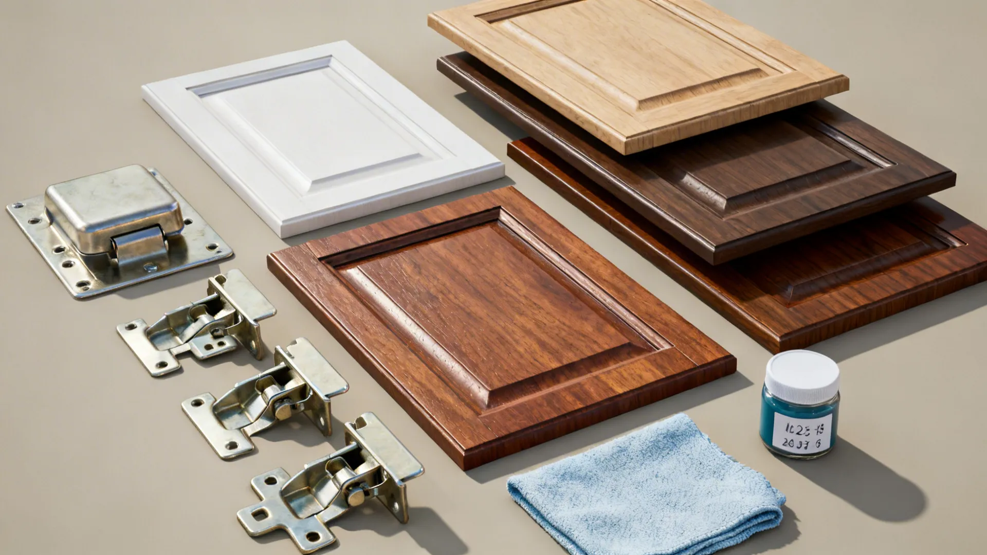 Top-down kit with cabinet fronts, hinges, cleaner, and paint touch-up jar