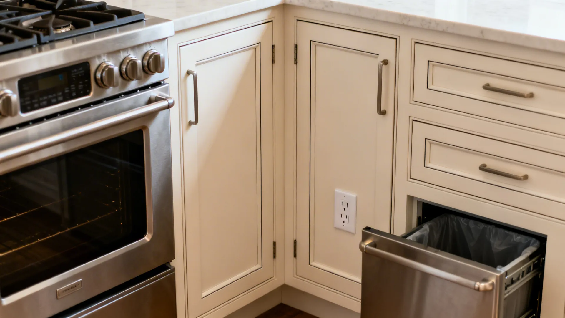 Macro view of door clearances, aligned trims, and outlet placement in an L-kitchen installation.