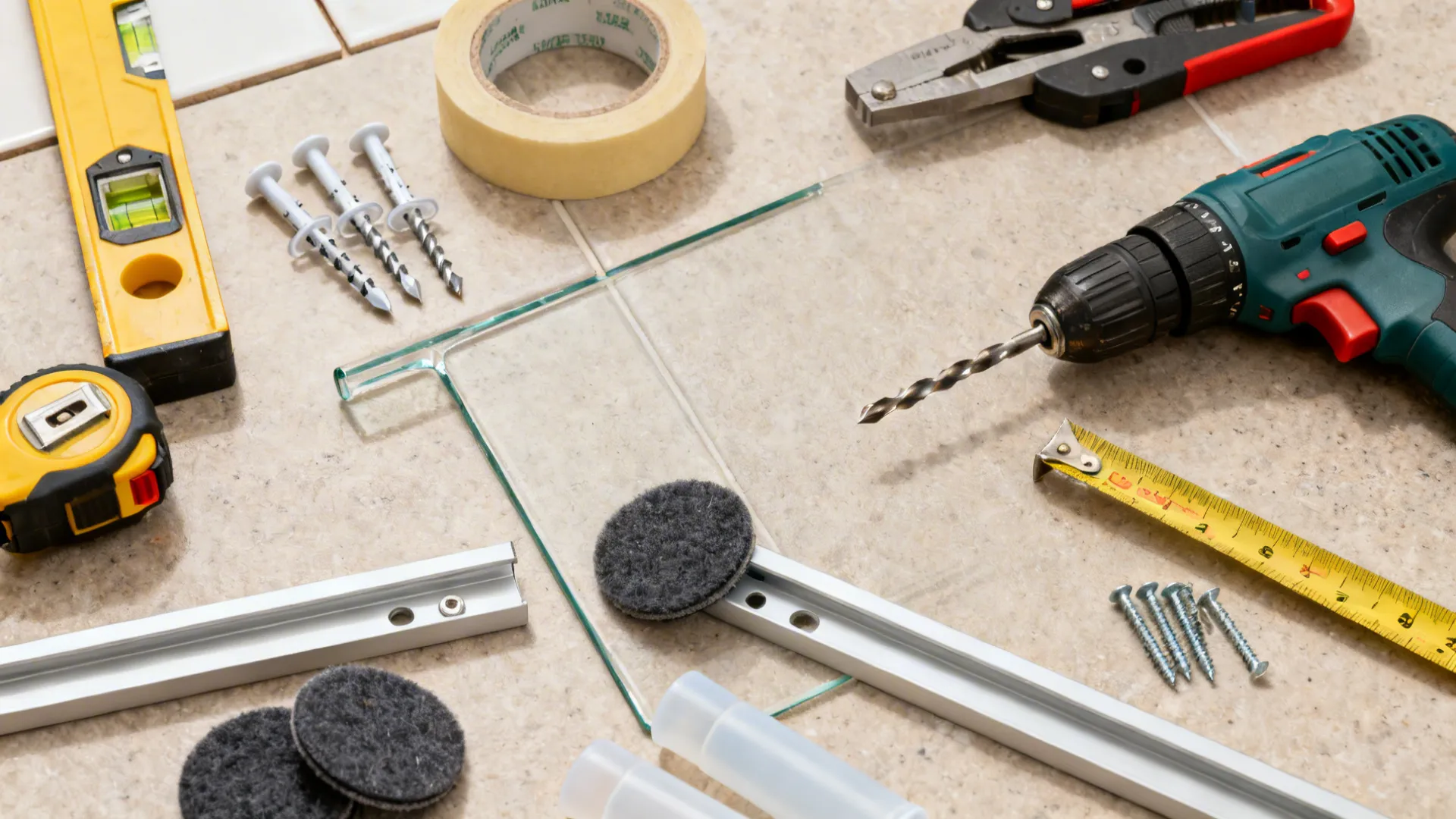 Assorted home repair tools including power drill tape measure level screws and tape on floor tiles