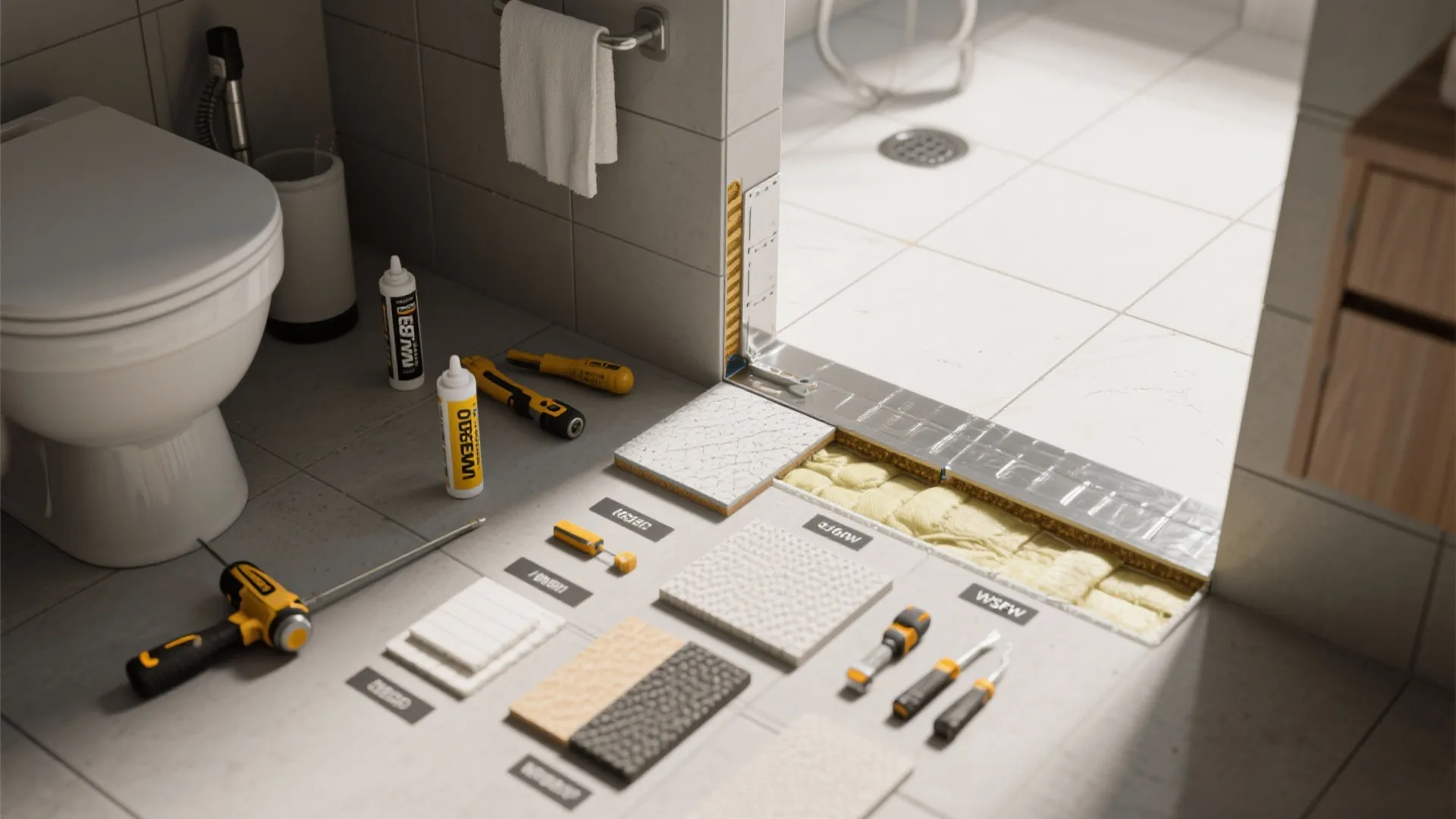 Interior design drawing showing bathroom floor tile installation steps with tools and materials on floor