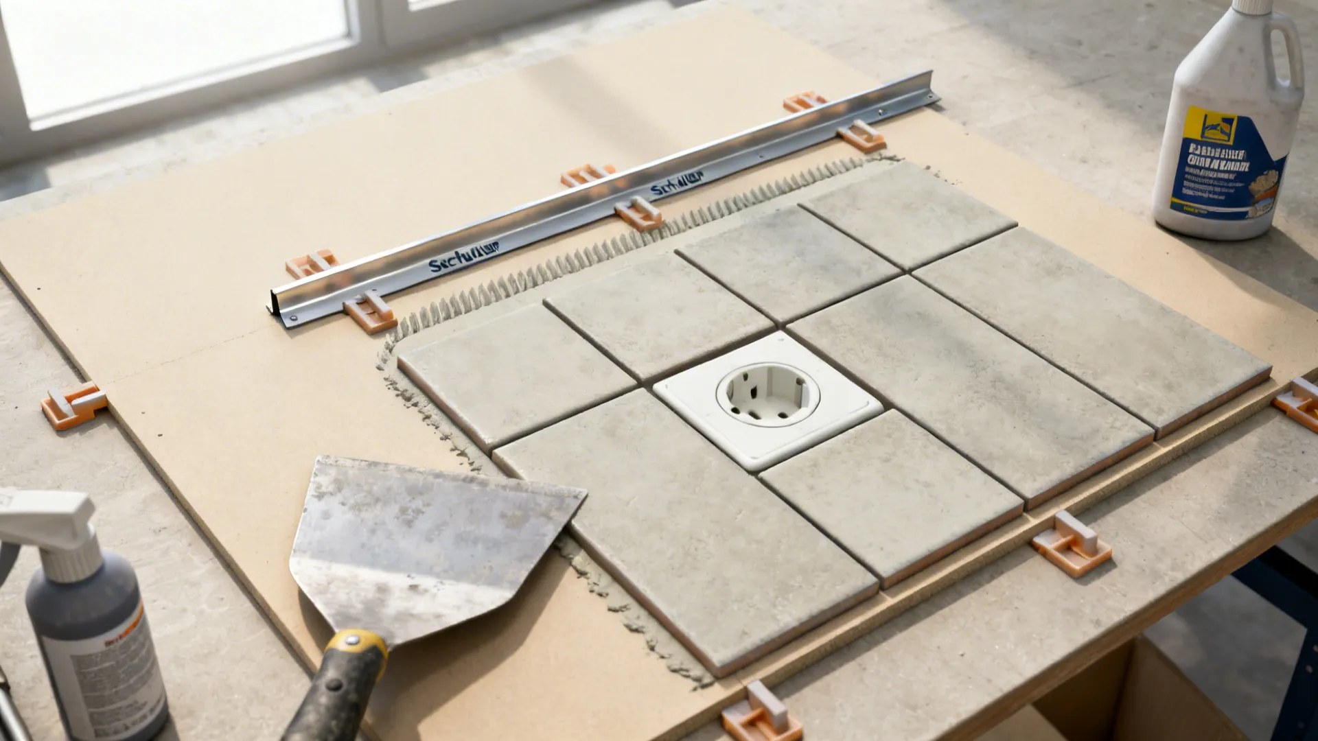 Top-down layout of tools and materials for proper backsplash installation.