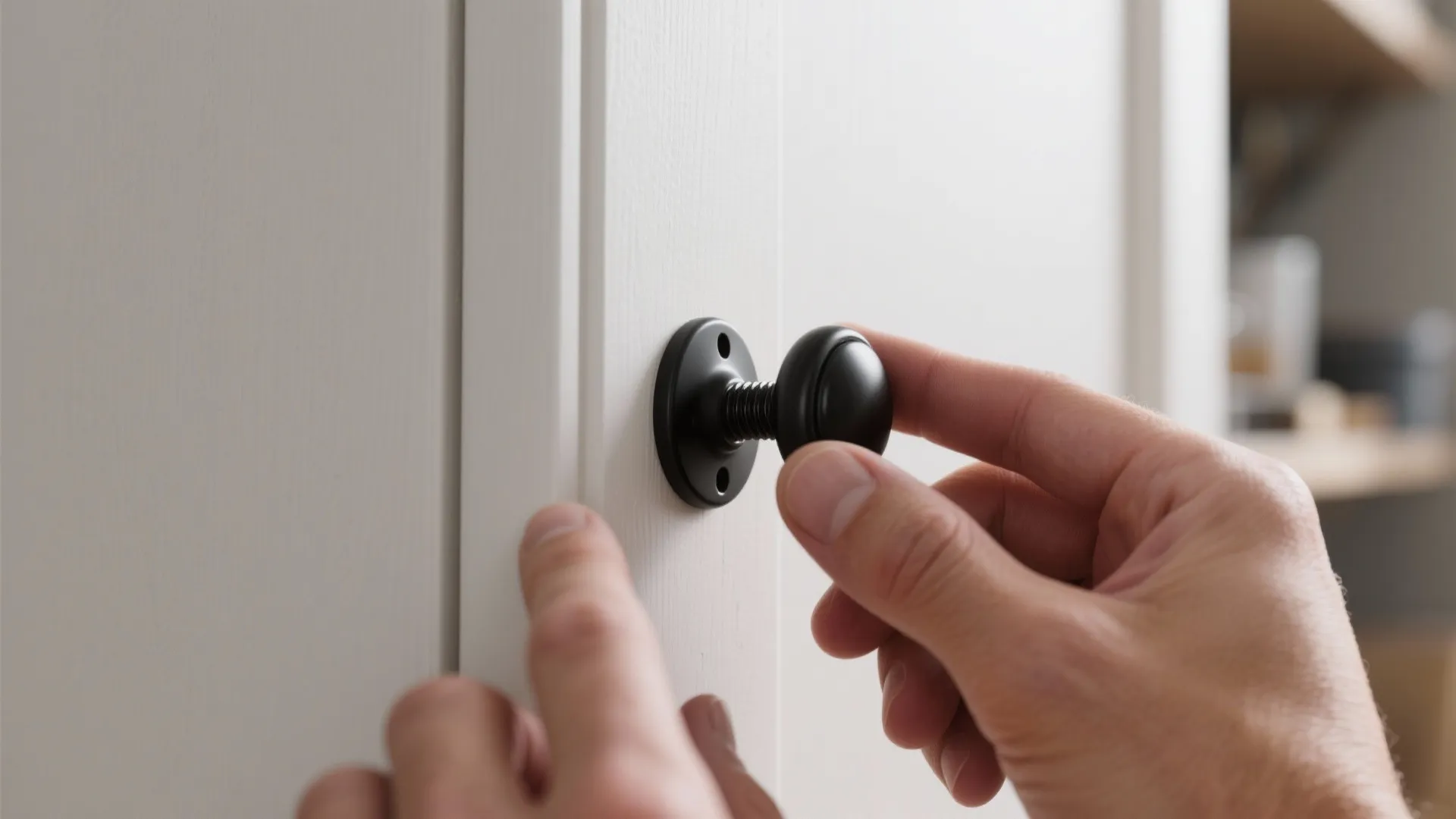 Hands attaching a small black round handle onto a white wooden cabinet door during home renovation