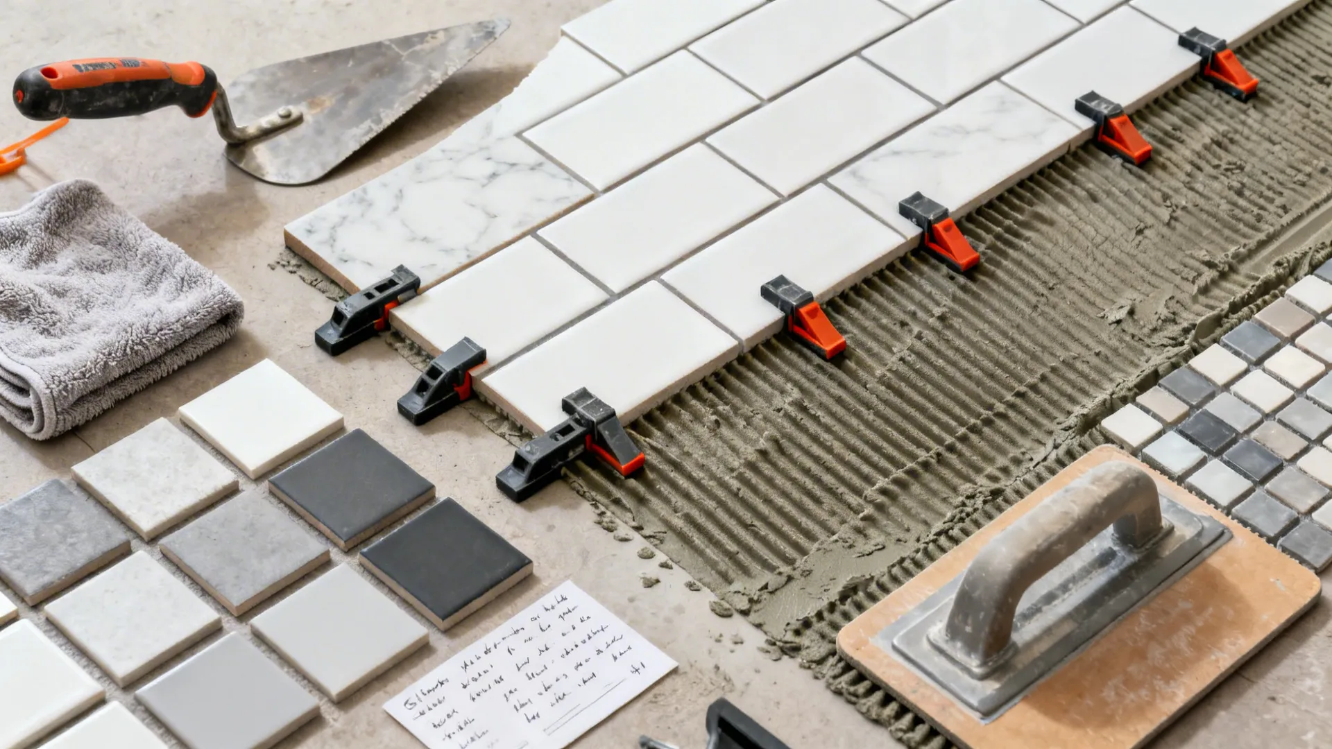 Top-down of tiling tools, leveling clips, and tiles with grout swatches for installation planning.