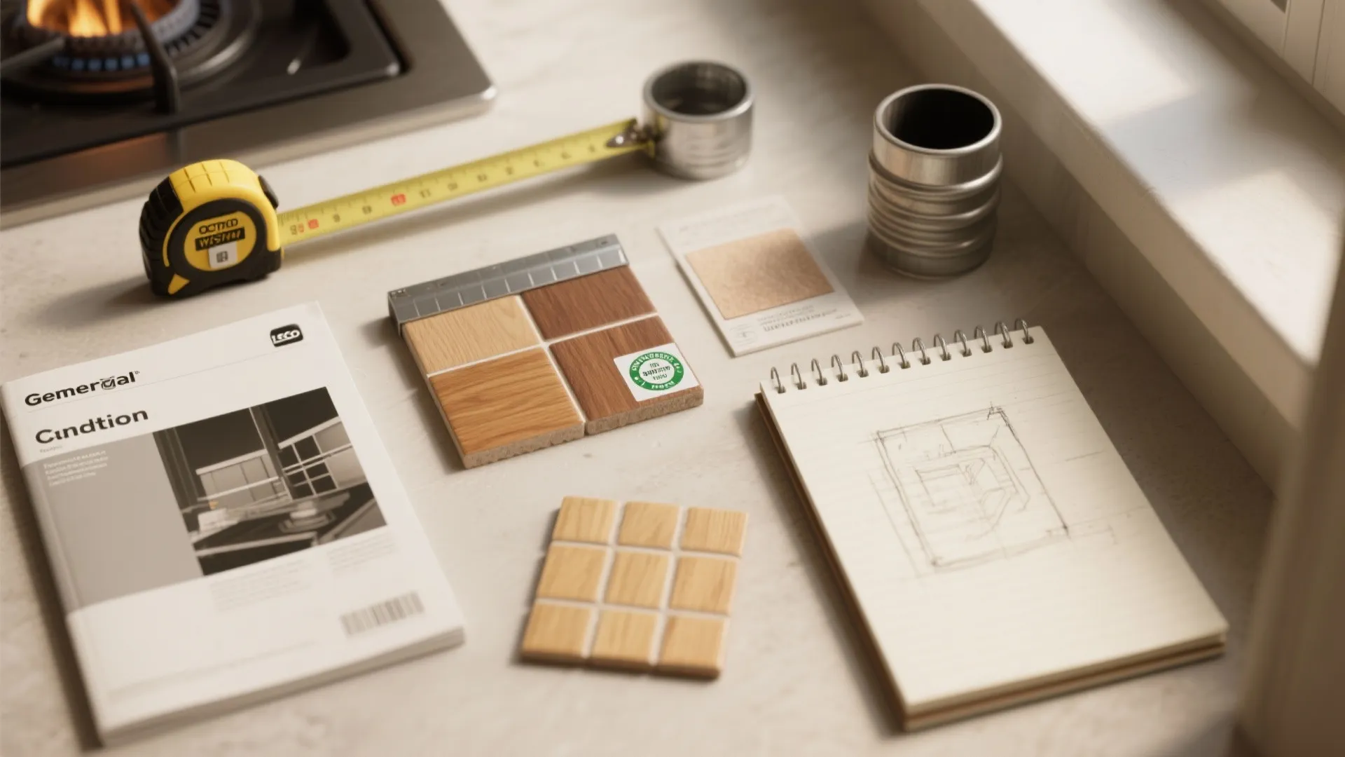 Measuring tape and wood floor samples lying next to a notebook with a room design sketch