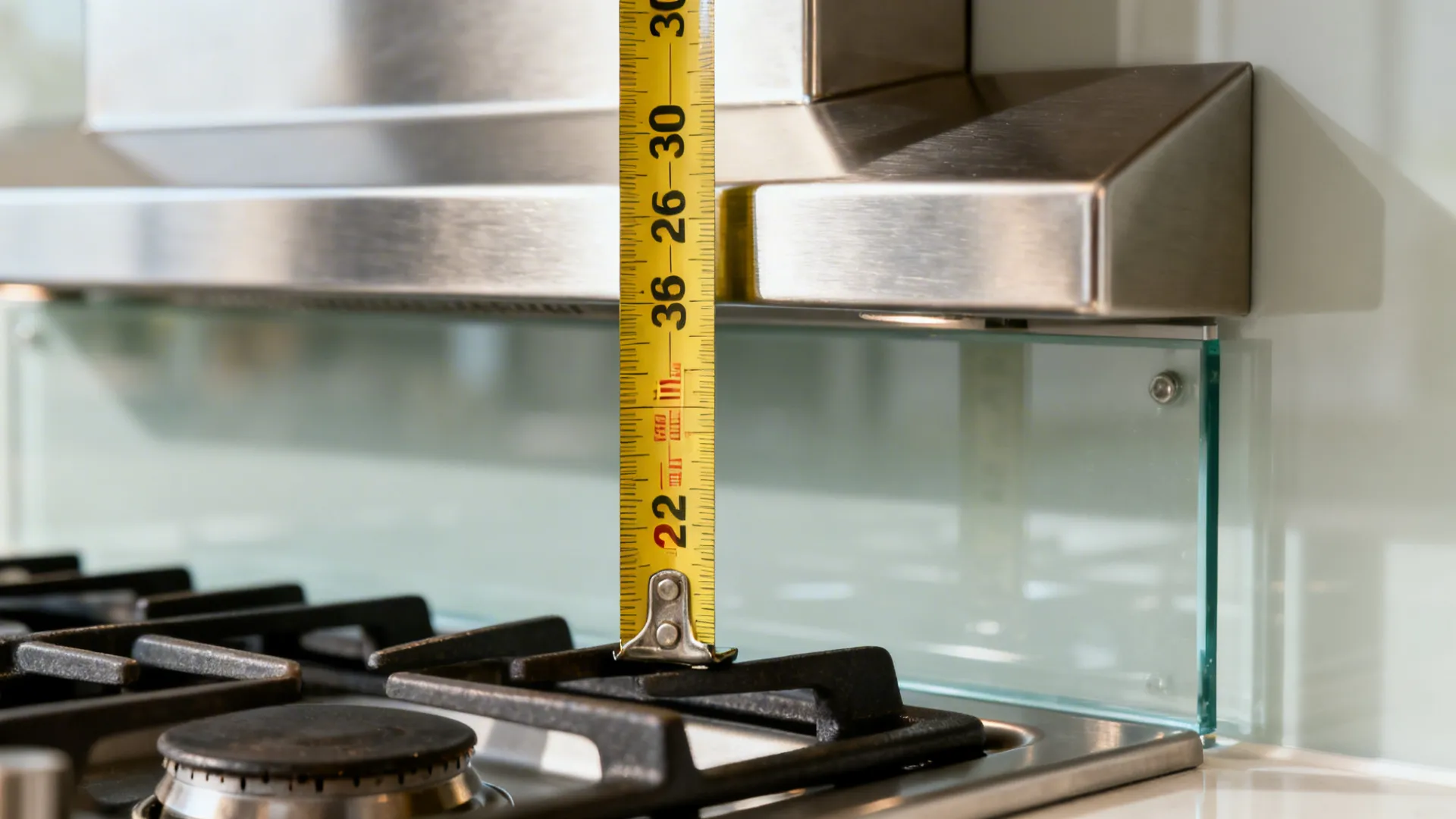 Macro measuring 26–30 inches from hob to chimney canopy against a glass backsplash.