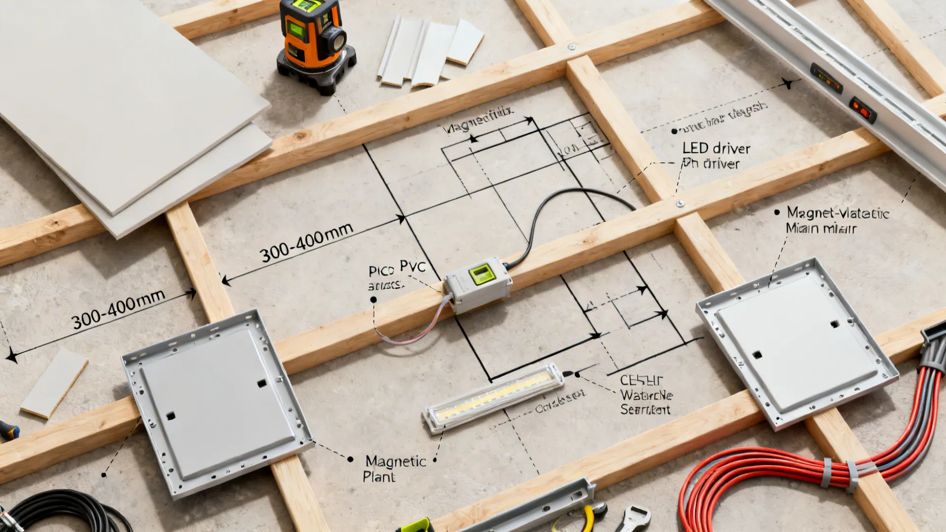 Top-down install plan with batten grid, level, access panels, and separated wiring channels.