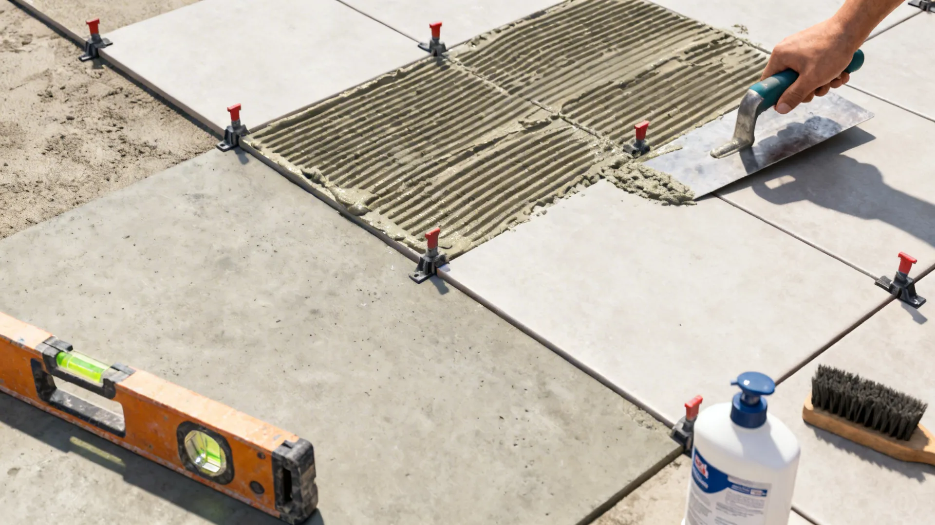 Top-down storyboard of tile prep, leveling, epoxy grouting, and cleaning tools.