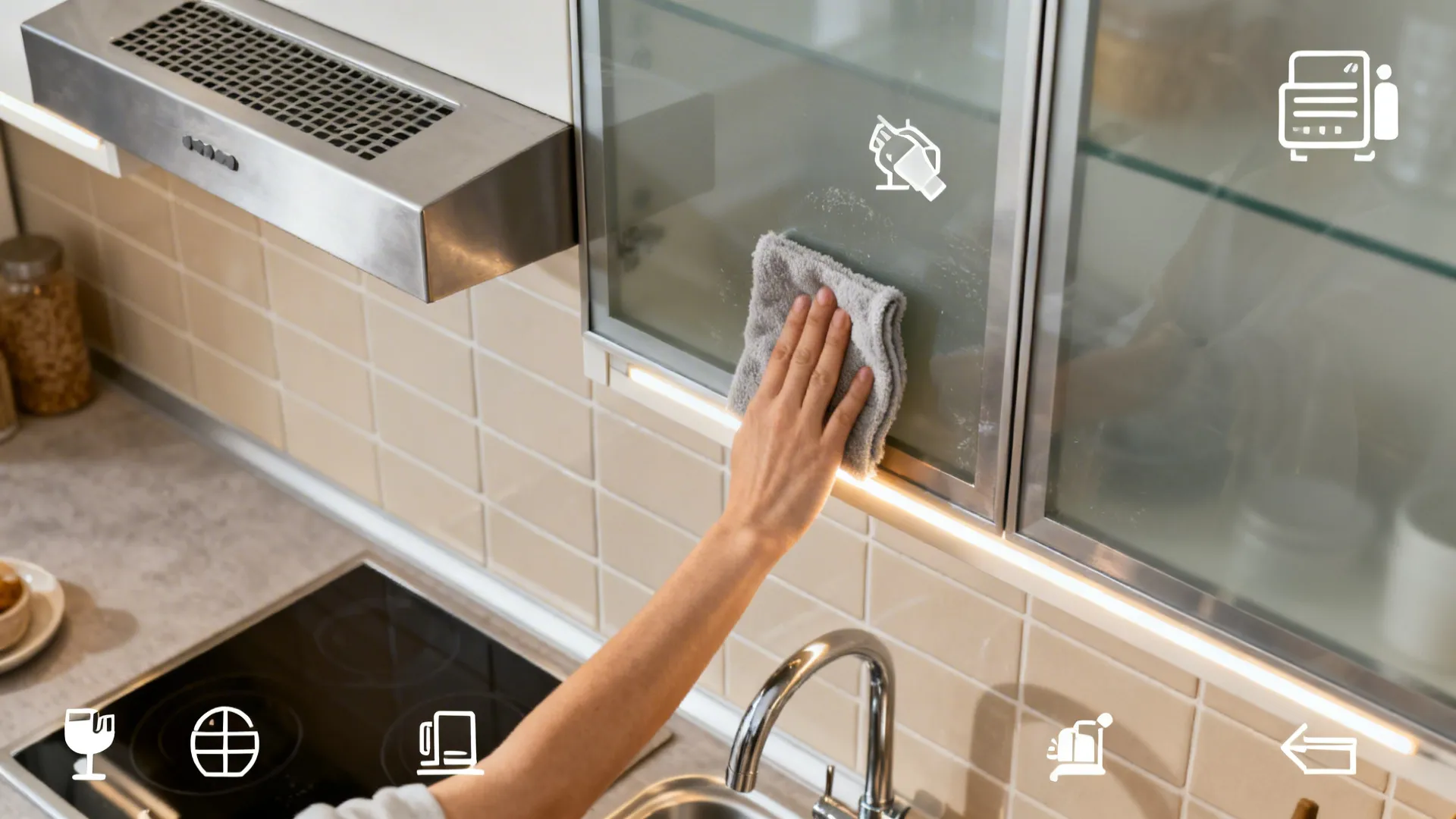 Hand cleaning glass cabinet door with grey cloth in kitchen with beige wall tiles and stove