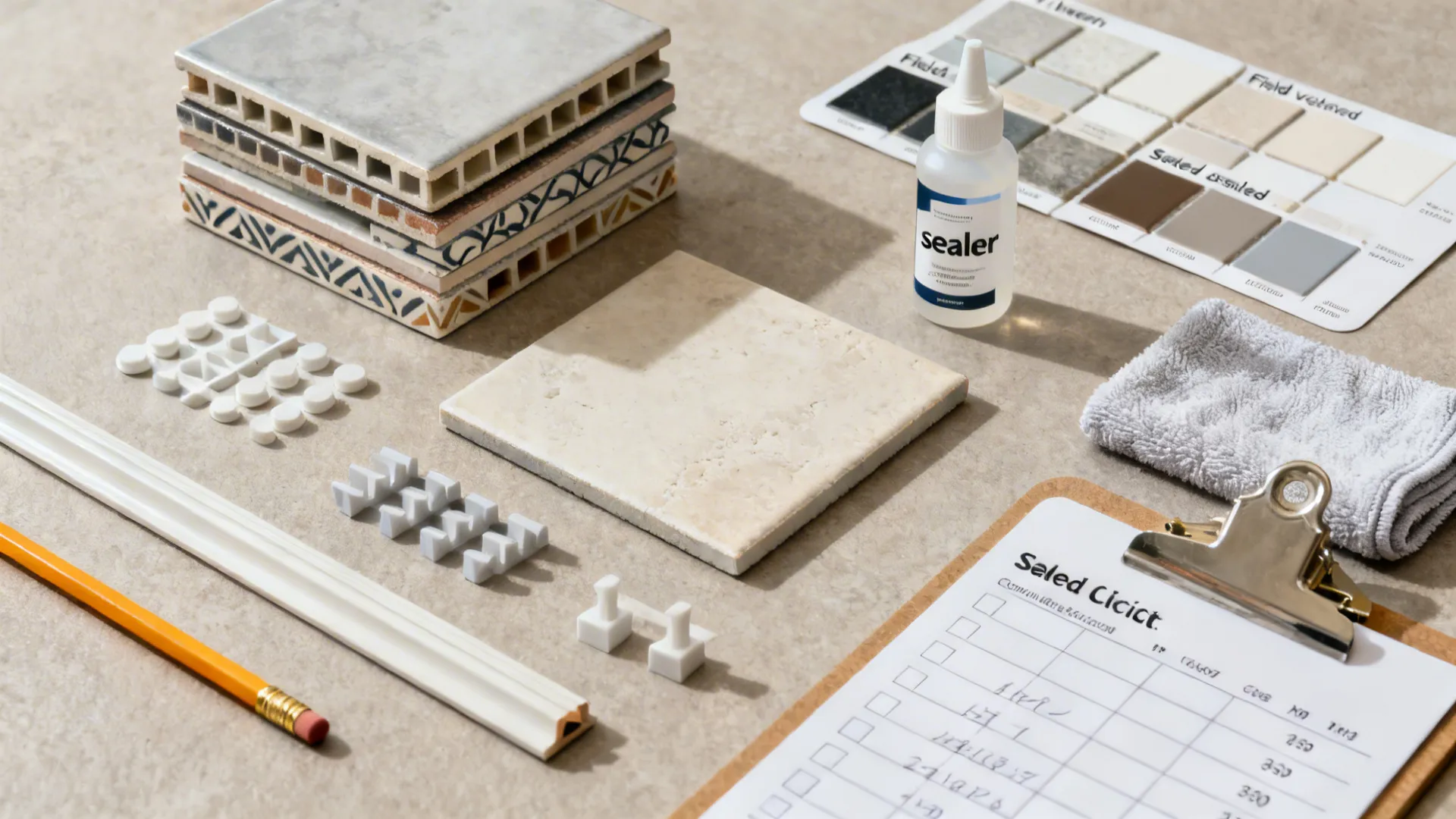 Top-down layout of tiles, inserts, grout cards, trim, spacers, and sealer for backsplash work.