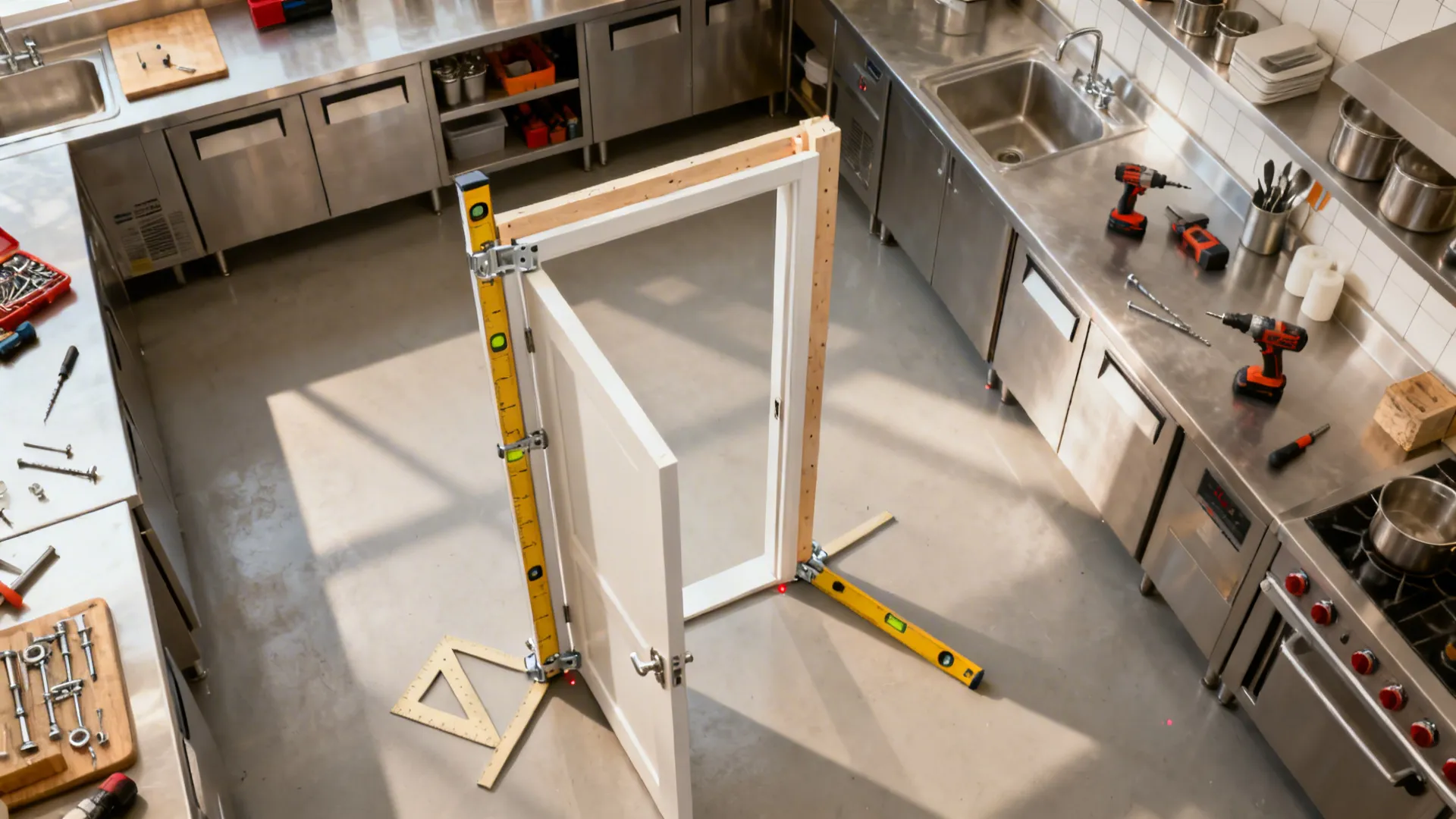 Top-down view of door installation steps and maintenance checks in a small kitchen.
