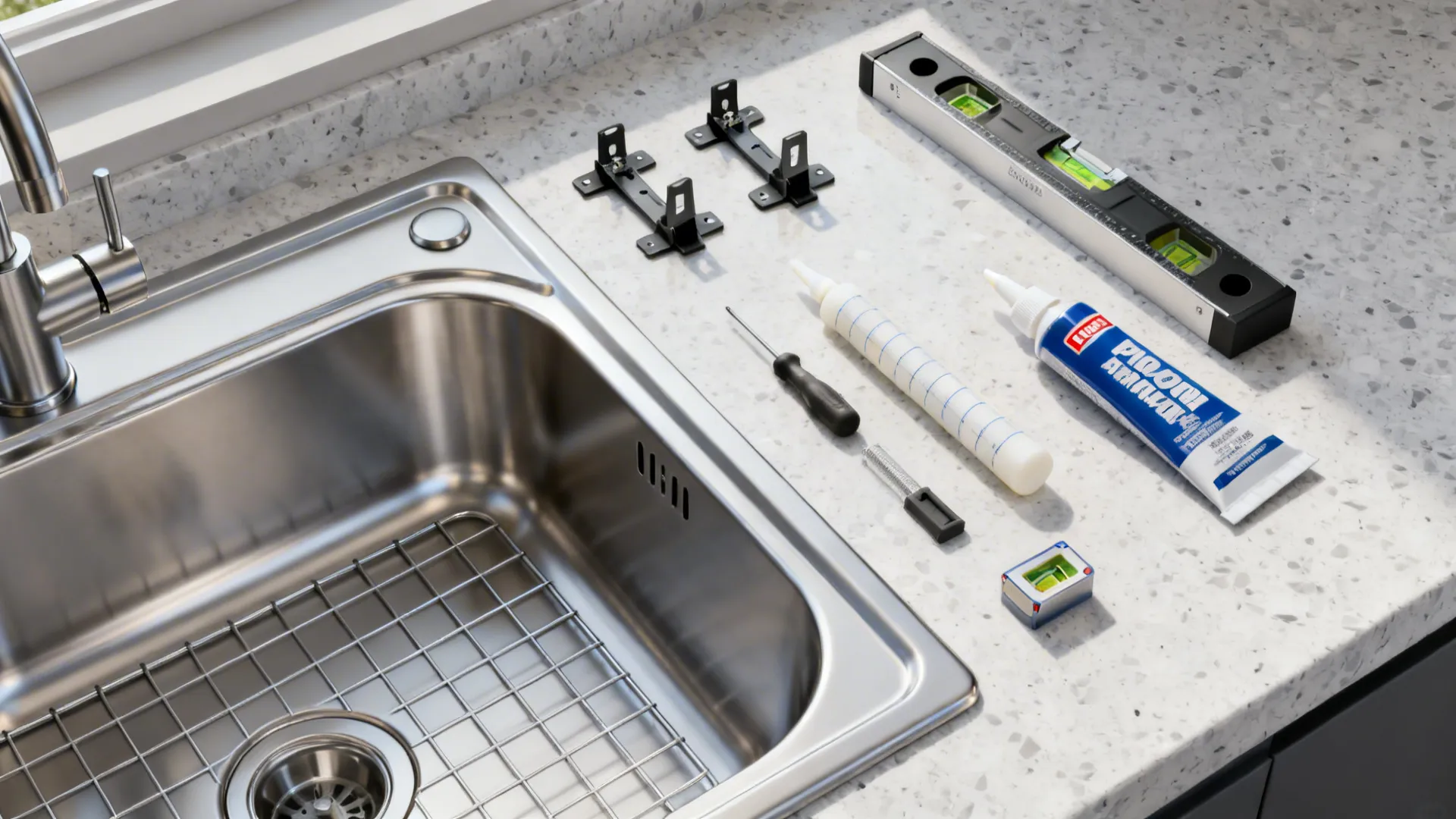 Top-down view of an undermount sink with clips, adhesive, silicone, a basin grid, and a level arranged for installation.