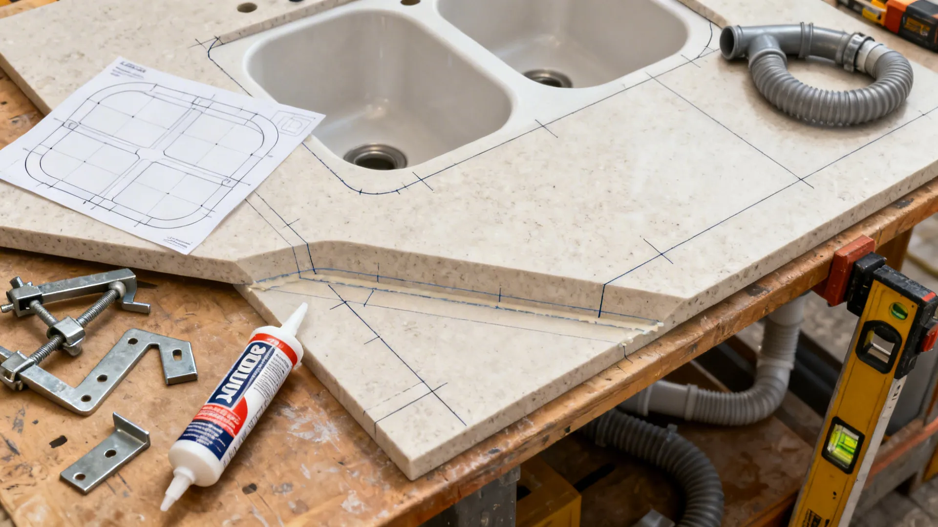 Top-down scene with sink template, sealant, brackets, and trap kit for a double-bowl install.