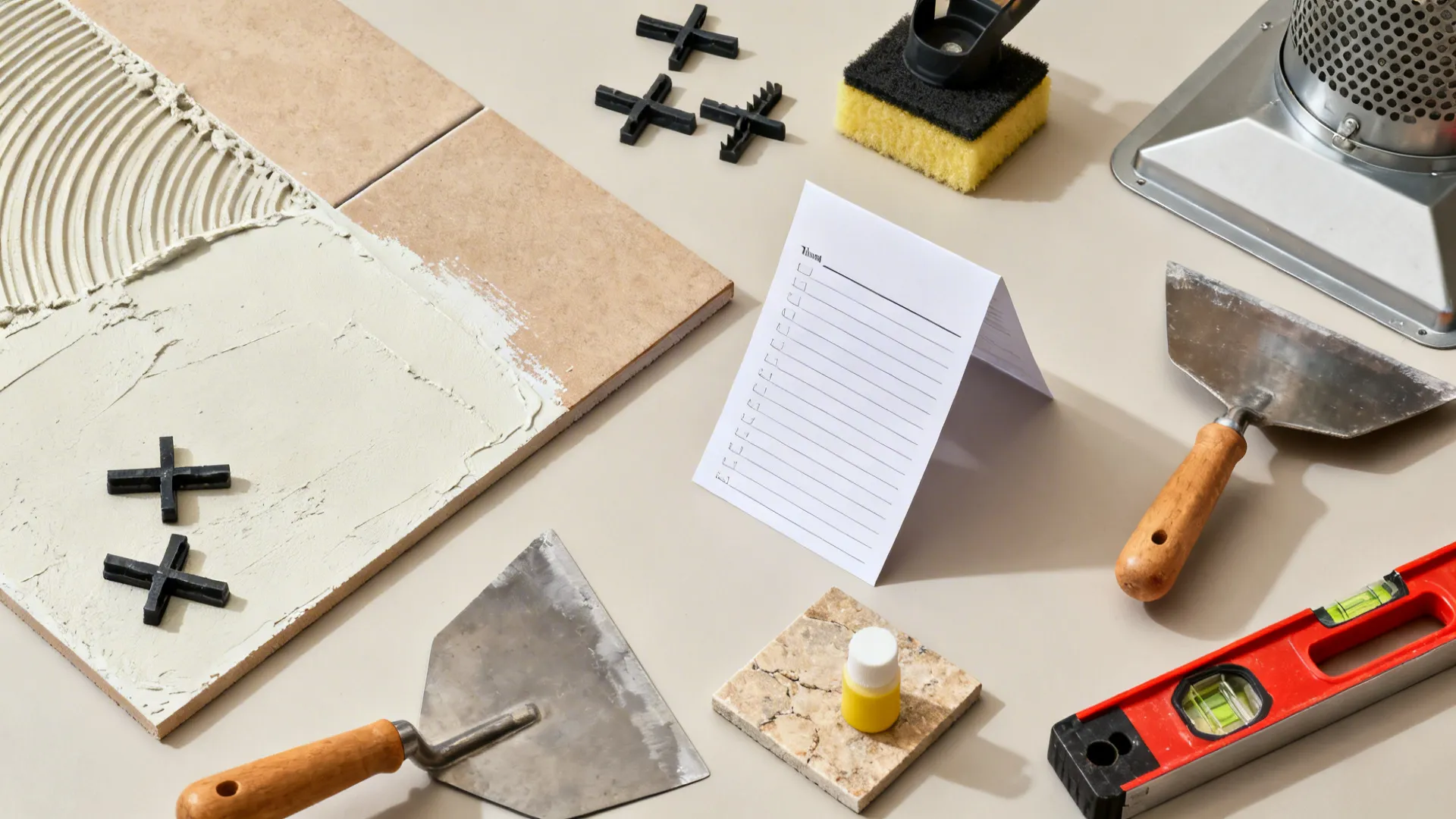 Top-down layout of tiling tools, spacers, sealant items, and a skim-coated drywall sample.