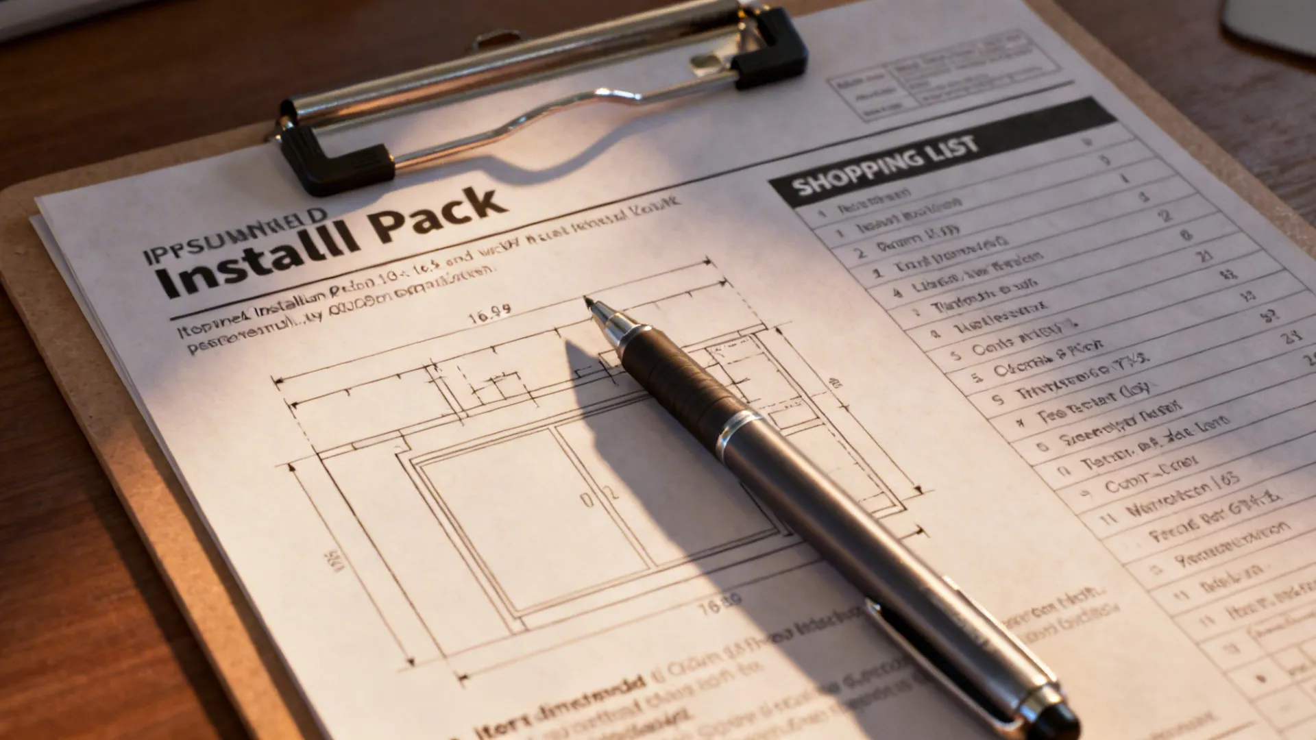 Install pack and shopping list with item dimensions and layout diagram on a clipboard