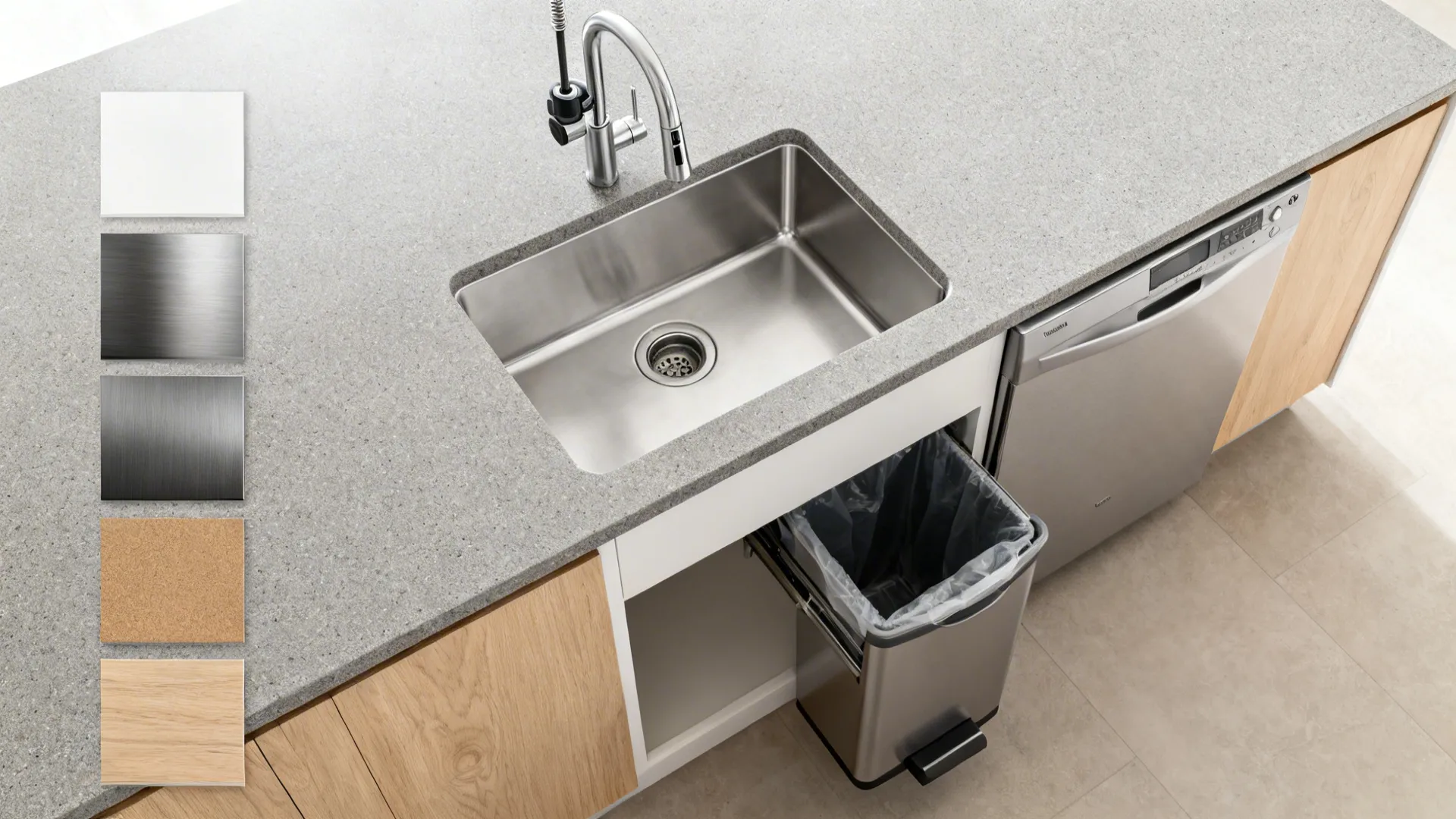 Top-down layout showing sink, rear-set drain, faucet, and materials for a compact kitchen.