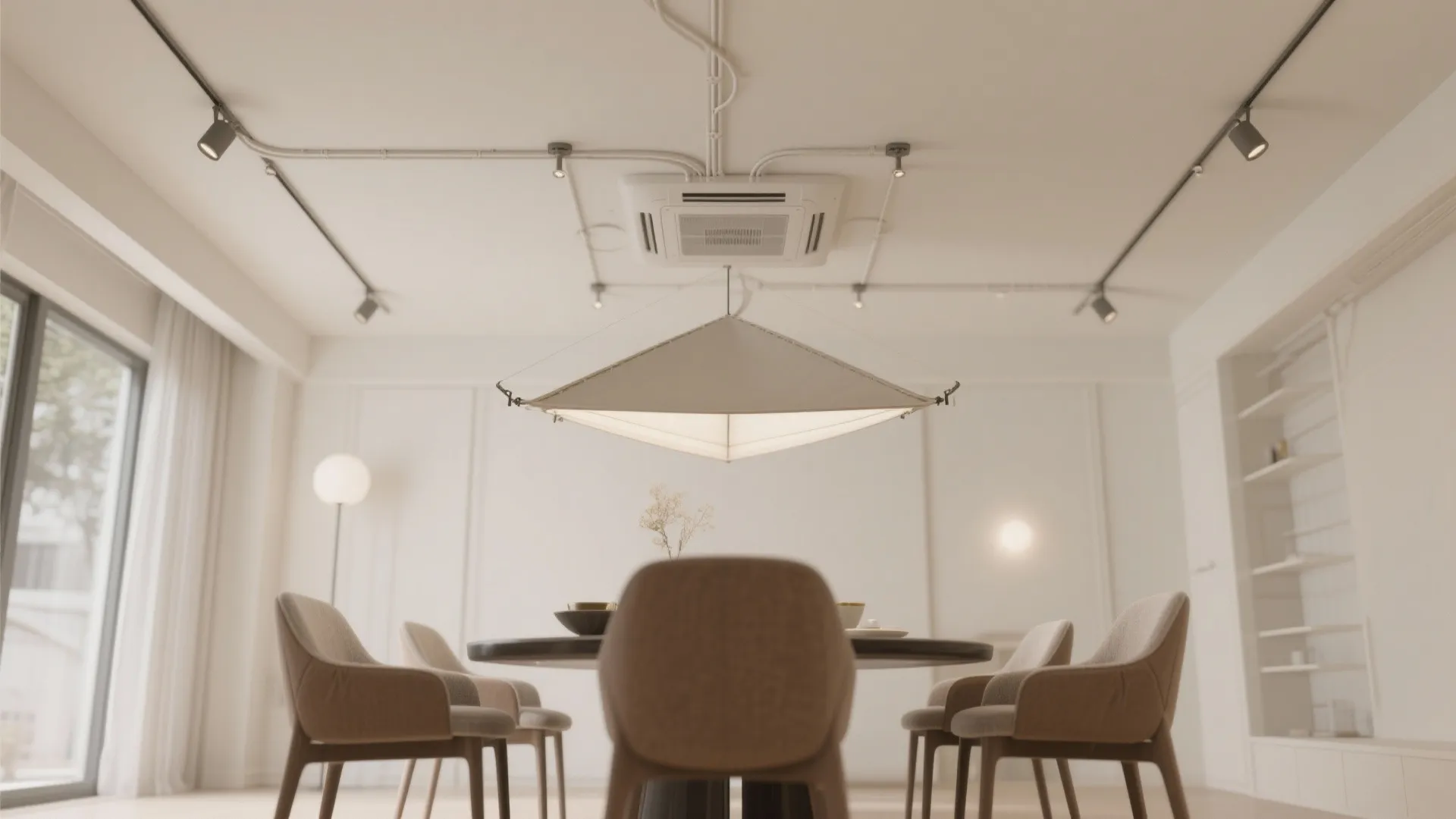Top-down ceiling plan view with centered junction box and tidy cord management over a dining table.