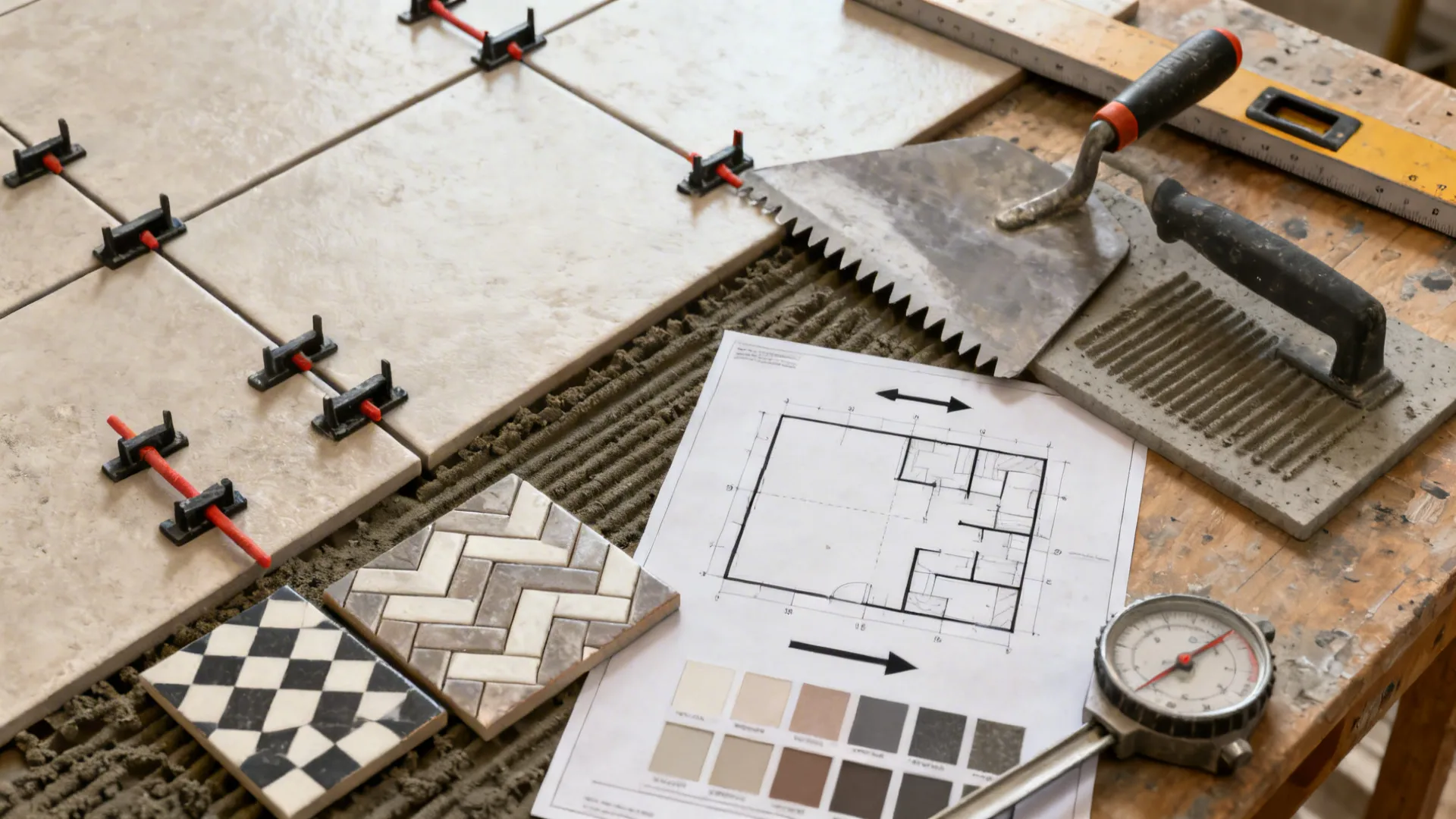 Top-down view of tile layout tools, spacers, leveling clips, floor plan, and sample tiles for herringbone and checkerboard.
