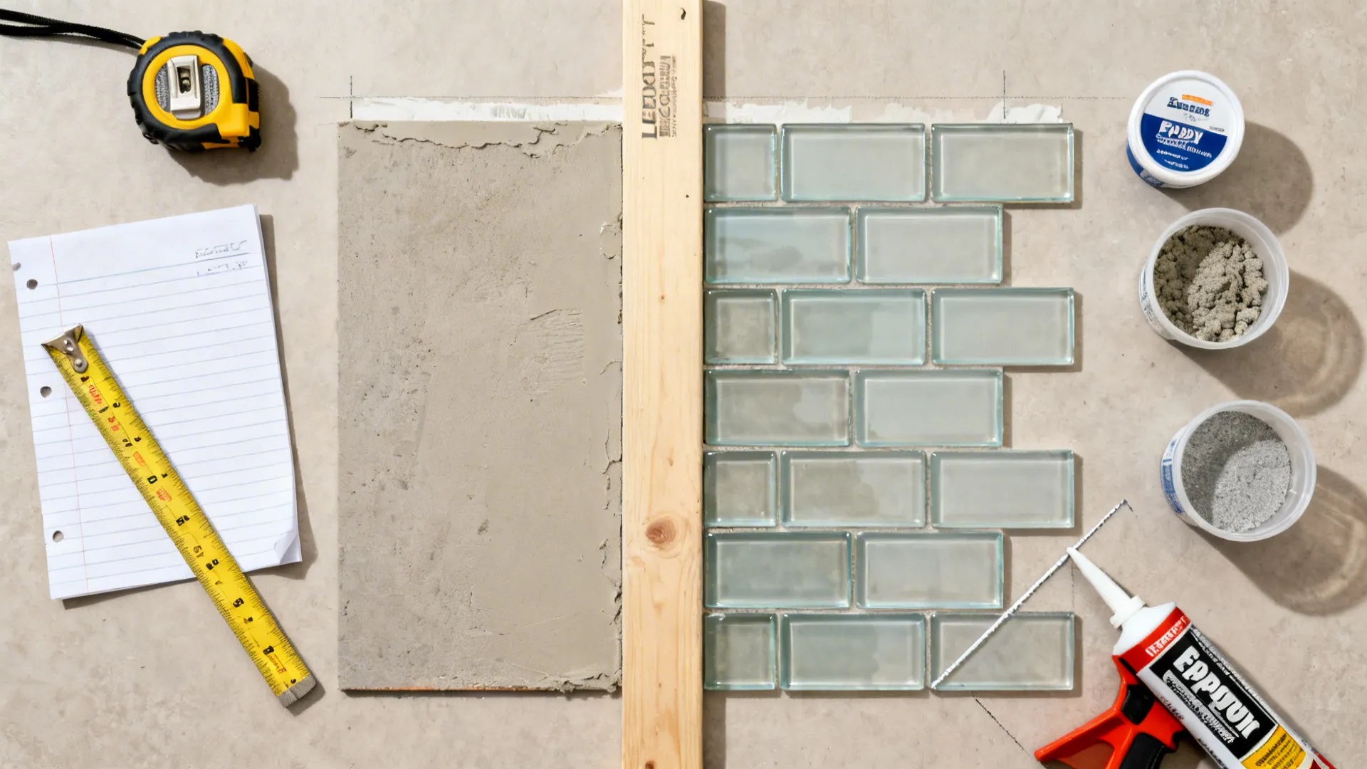 Top-down flatlay of tools and materials for planning and installing a glass subway tile backsplash.