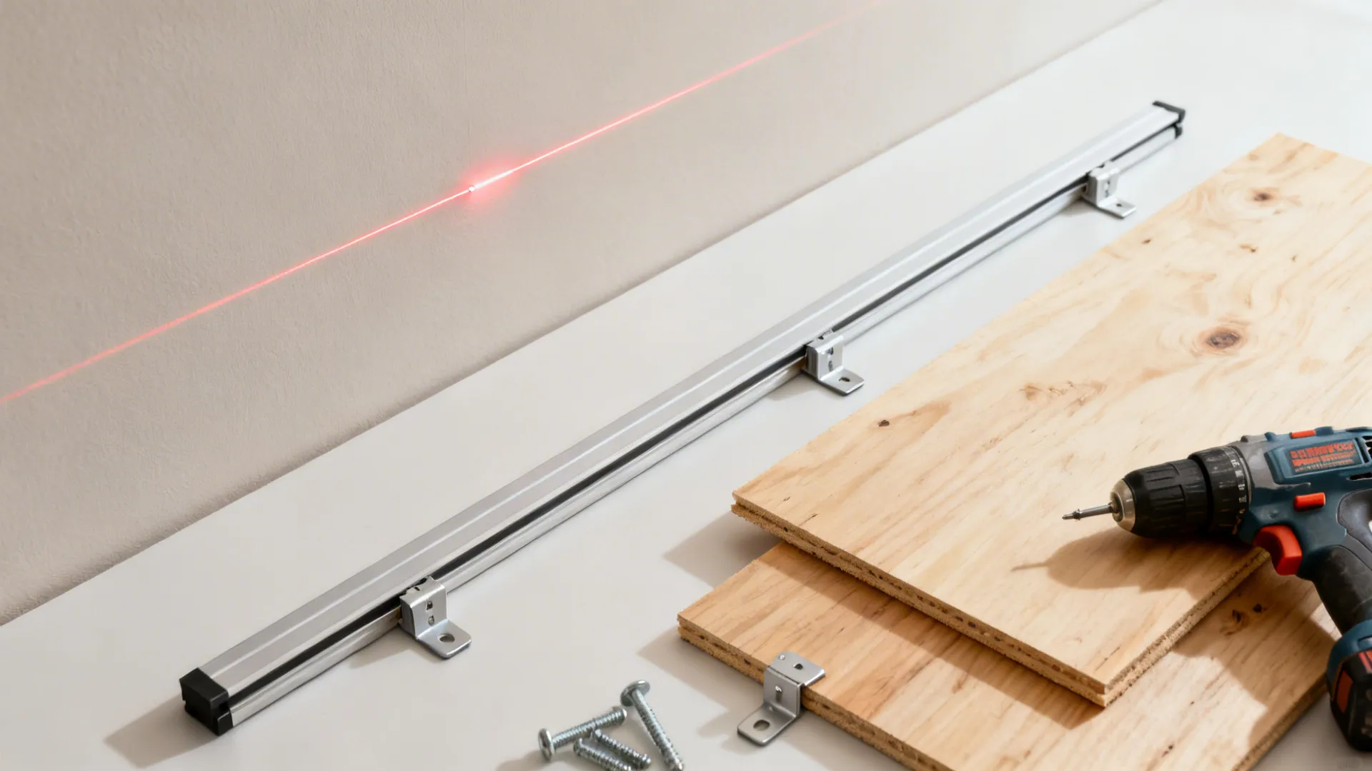 Top-down view of pre-finished plywood panels, French cleats, laser line, and a slim ceiling track.