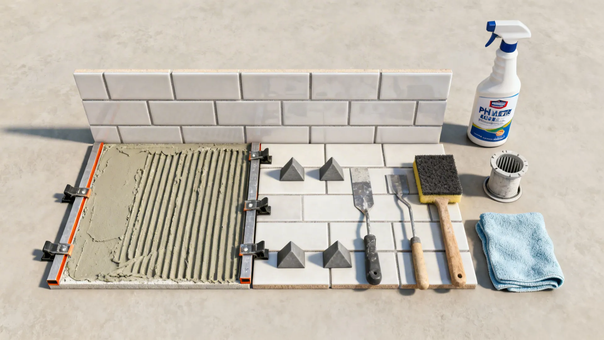 Tools for wall tile installation including cement white tiles spray bottle sponge and cleaning cloth