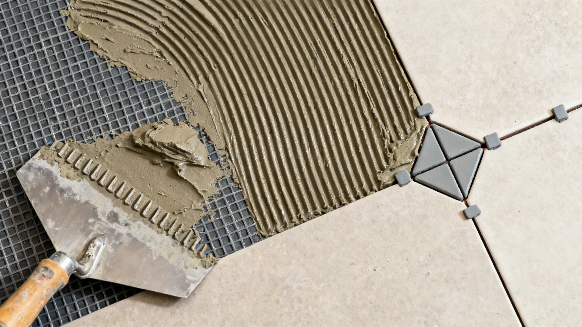 Top-down view of tile install steps with membrane, mortar, and precisely spaced grey tiles.