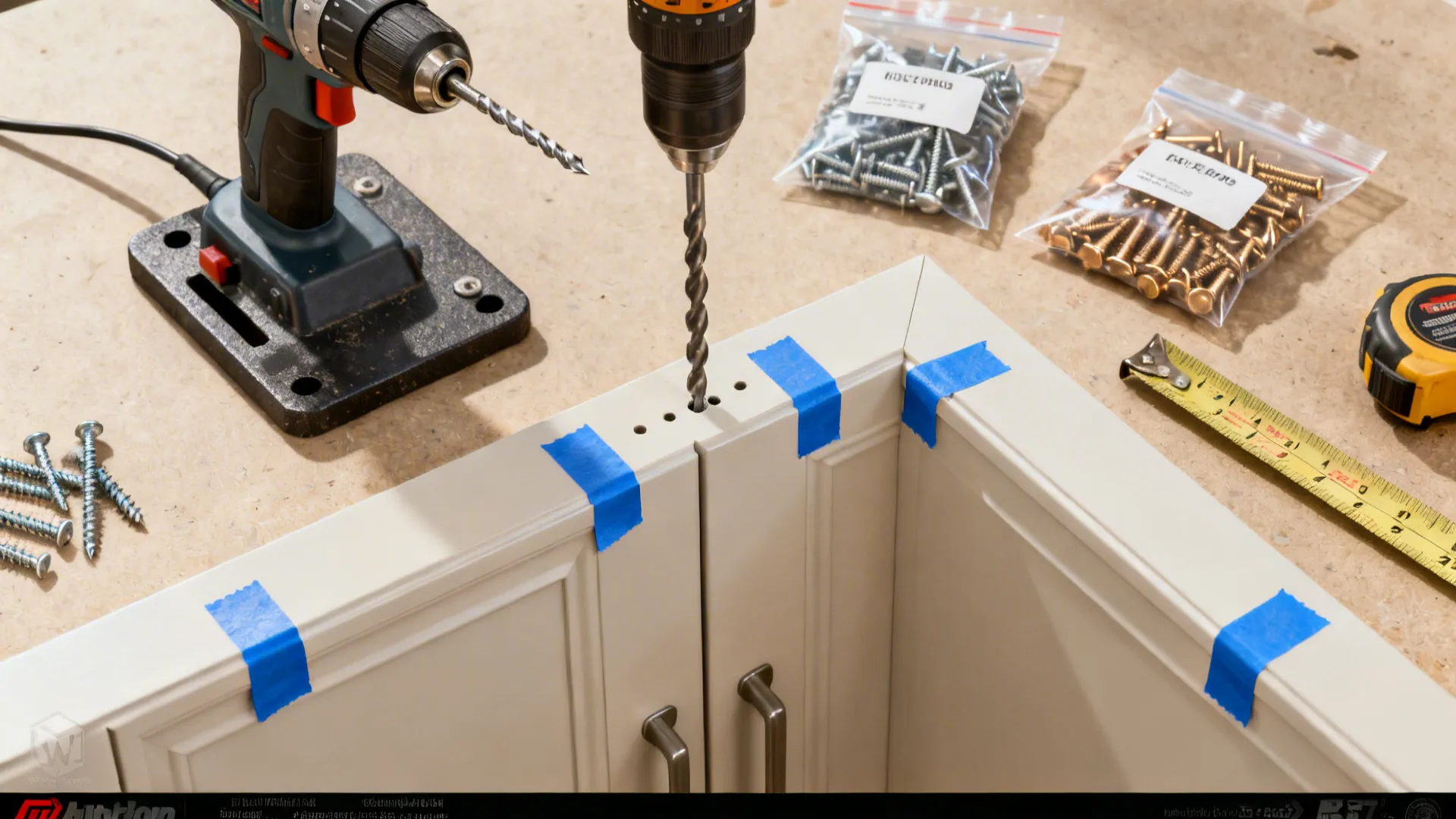 Top-down view of a drilling jig, bits, screws, and labeled bags for cabinet hardware installation.