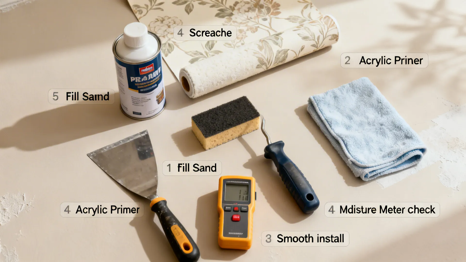 Top-down flatlay of wall prep and installation tools for 3D wallpaper in a living room.