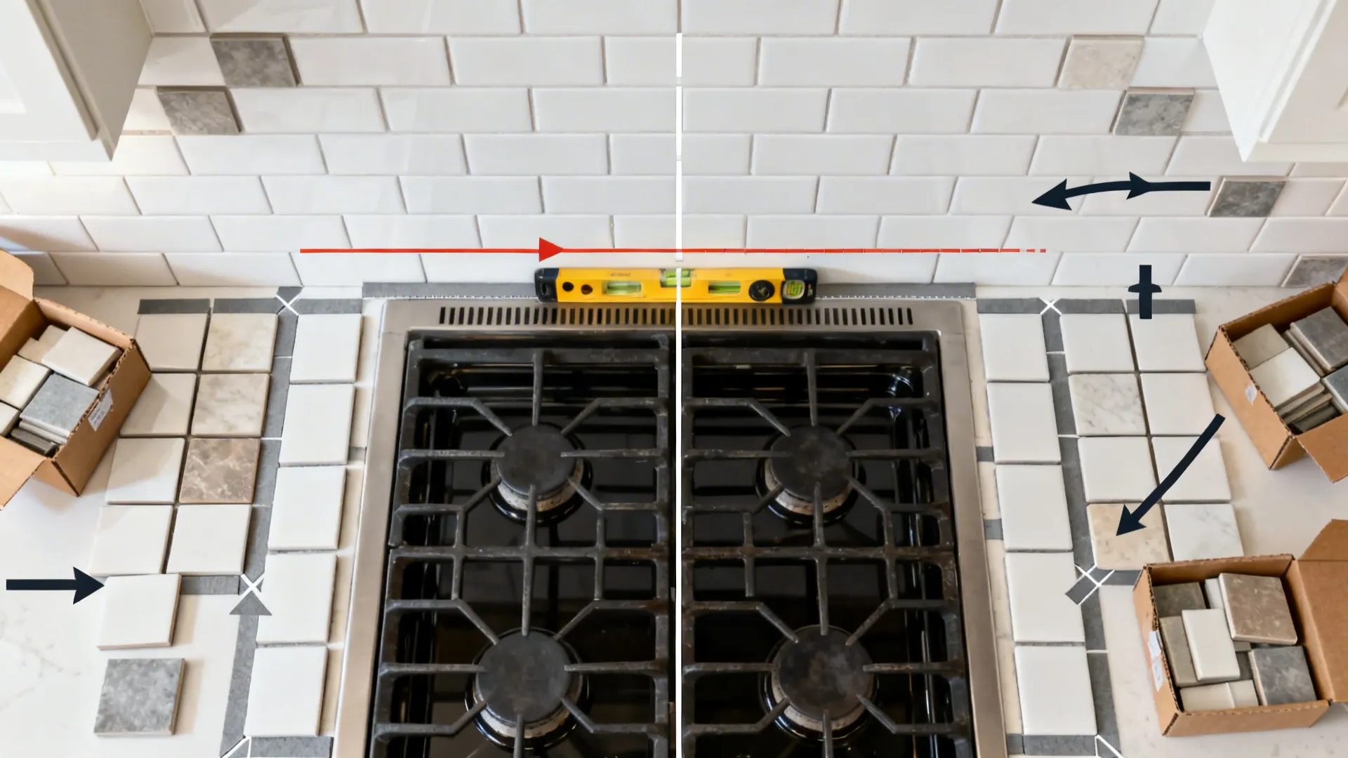 Kitchen stove area showing tile installation process with level tool and arrows for layout planning guide