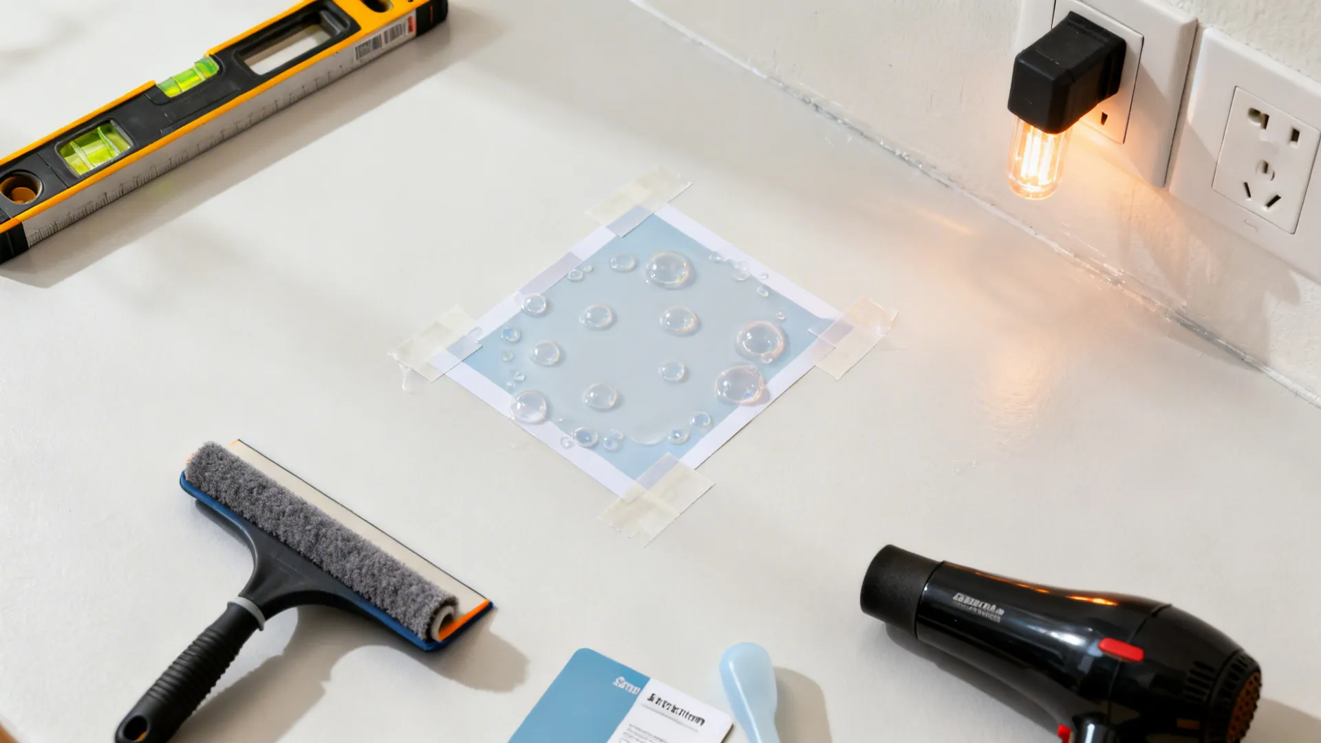 Top‑down view of tile sticker installation with tools and precise alignment.