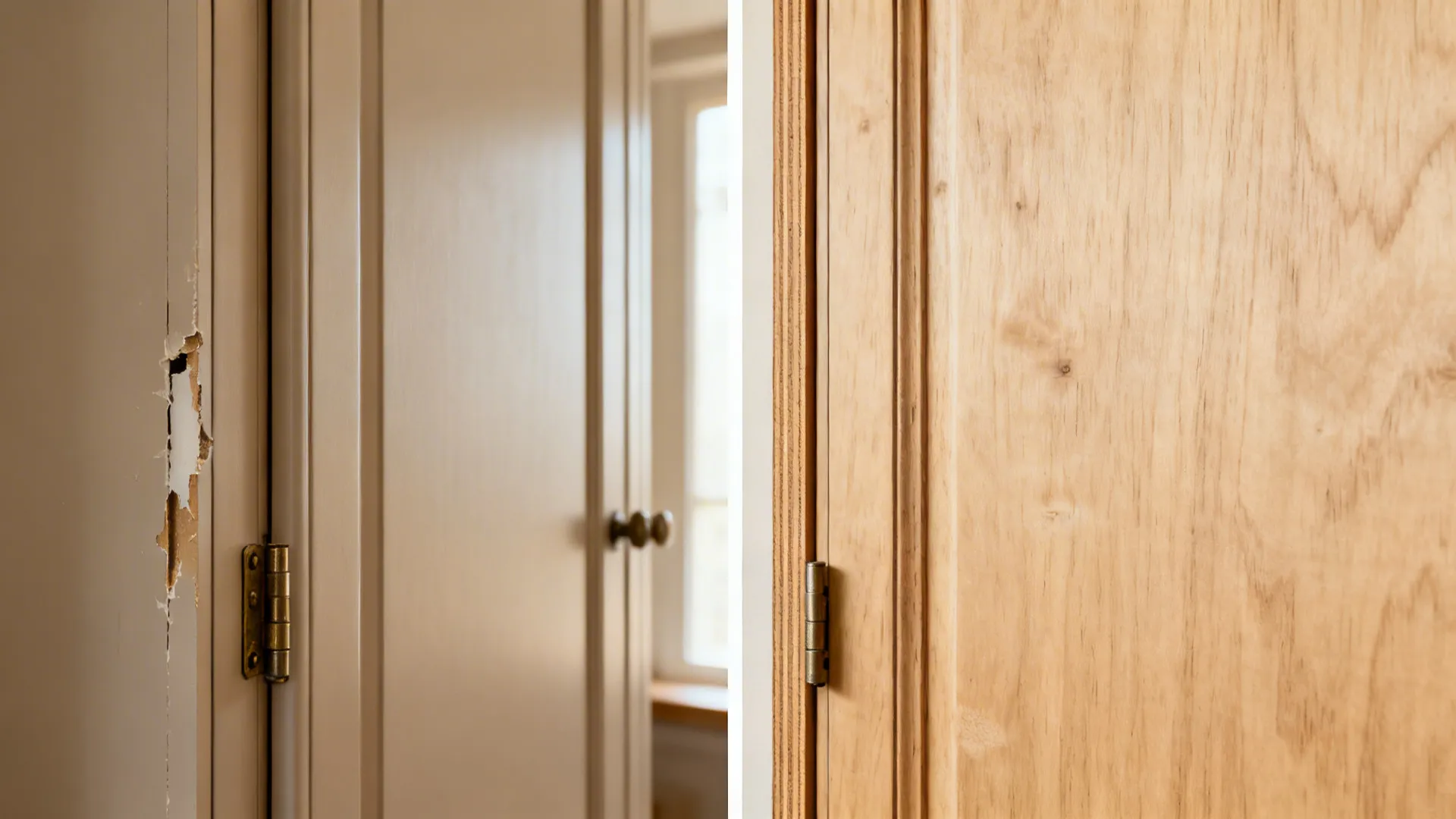 Before-and-after comparison of misaligned door reveals versus factory-perfect calibrated door.