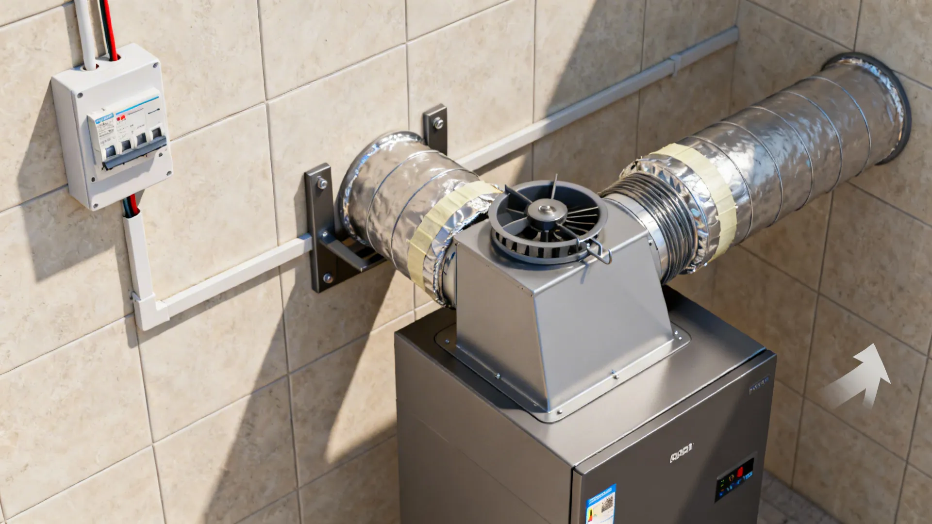 Top-down sequence showing electrical point, bracket fixing, sealed duct joints, and exterior cowl.