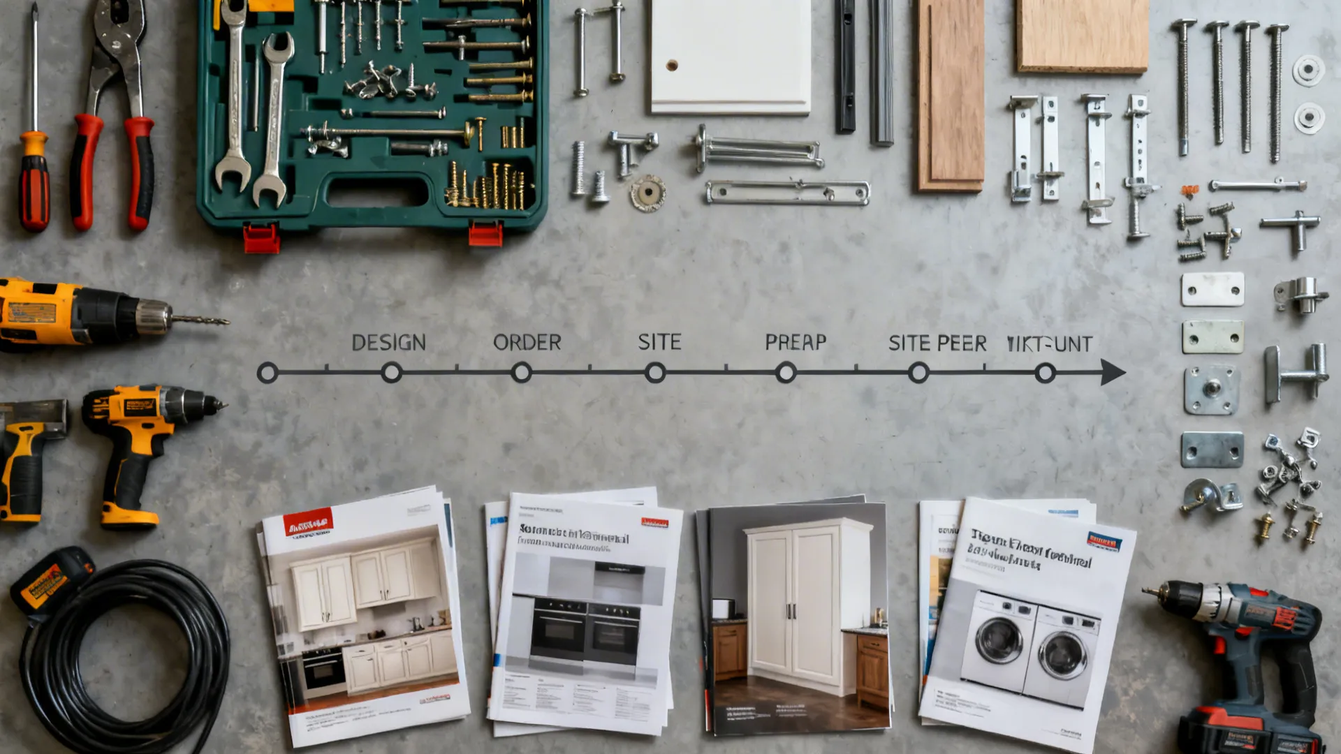 Top-down view of tools, hardware, and manuals organized to suggest installation stages.