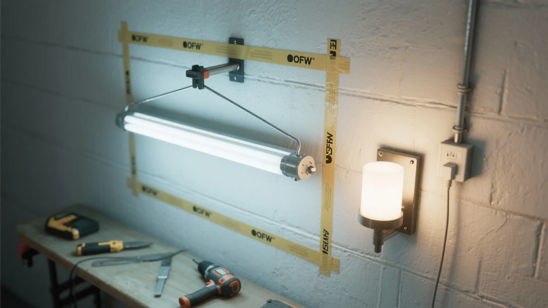Workbench with tools and two different light fixtures mounted on a white brick wall background