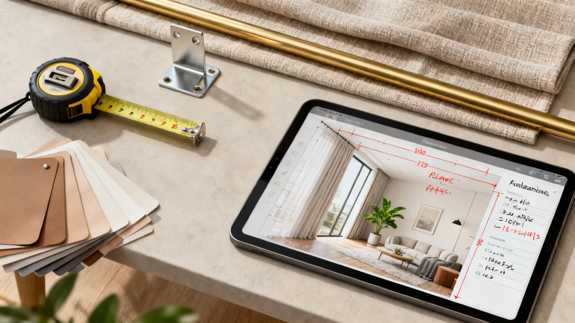 Top-down view of curtain installation tools, swatches and a tablet with a room planner mockup.