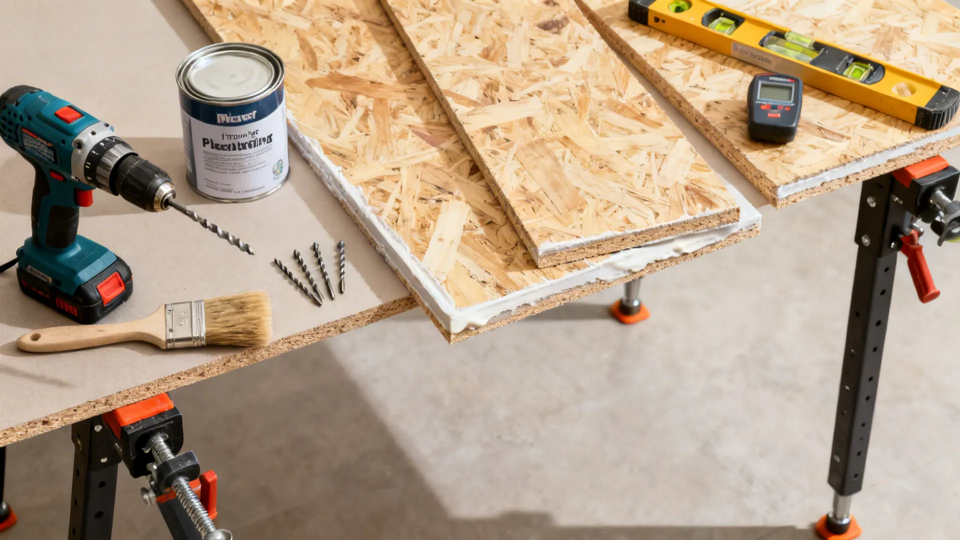 Power drill paint can brush and level tool on workbench with wooden boards and glue