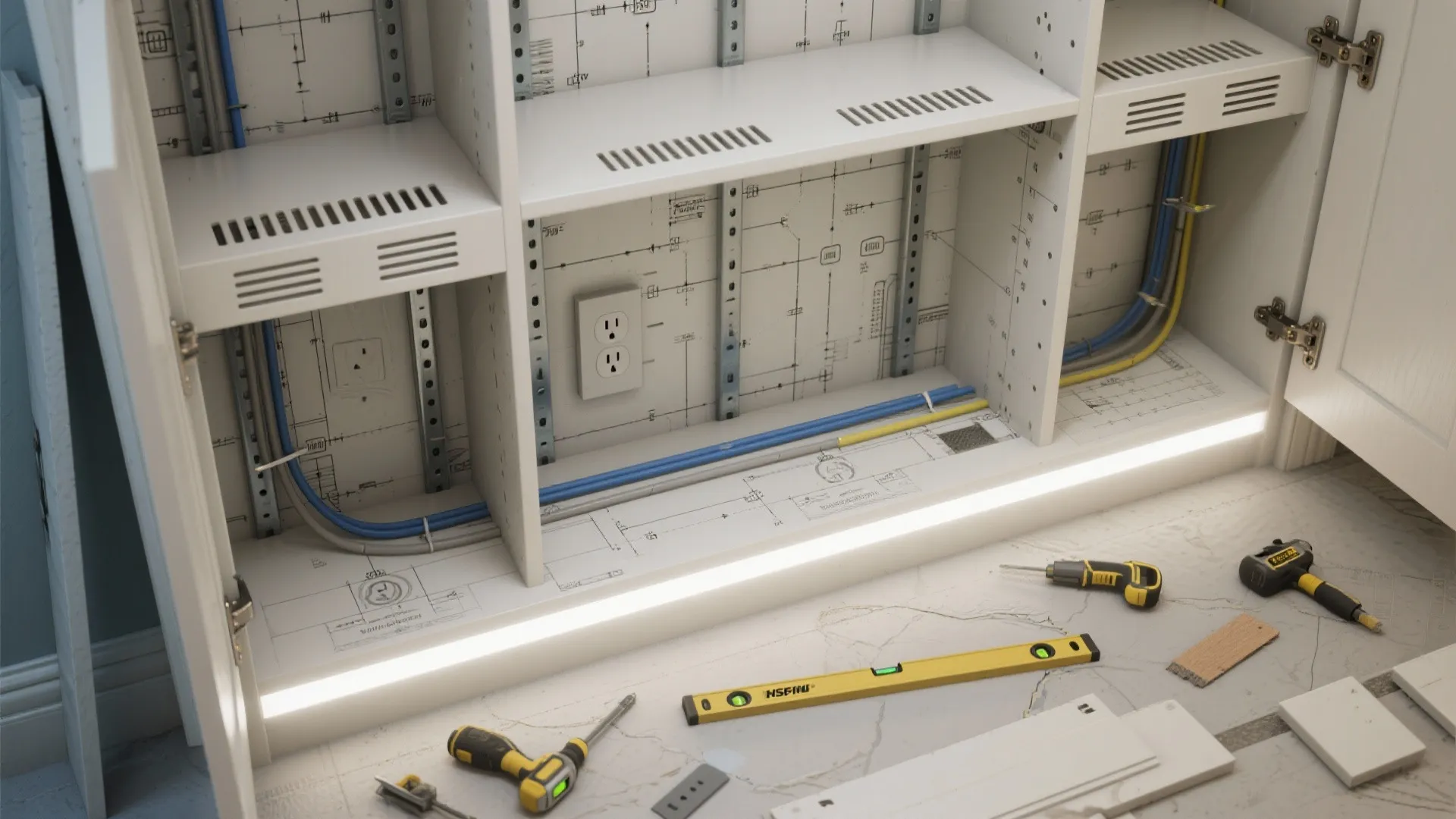 Interior cabinet view showing electrical wiring with power outlet and tools for light fixture installation