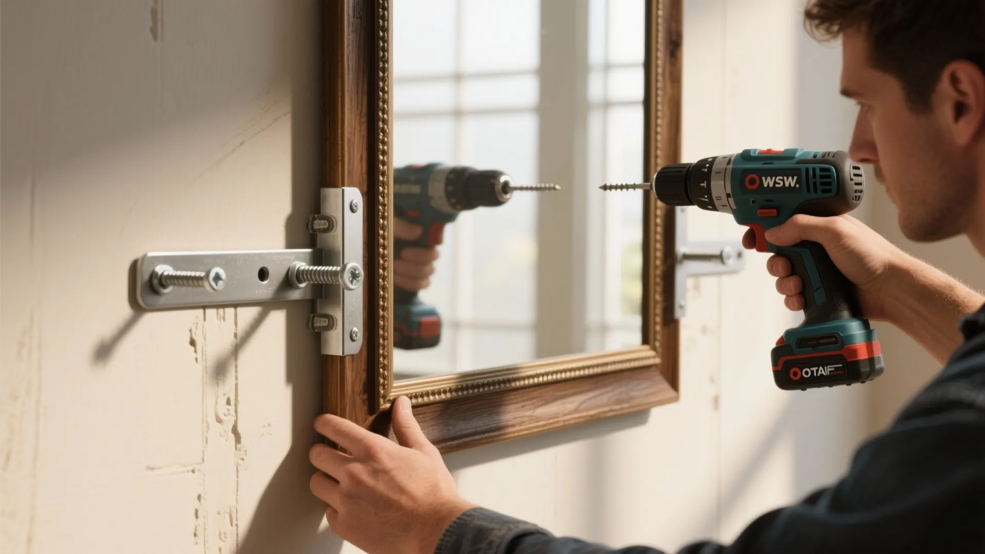 Man using an electric drill tool to mount a wooden frame mirror onto white wall