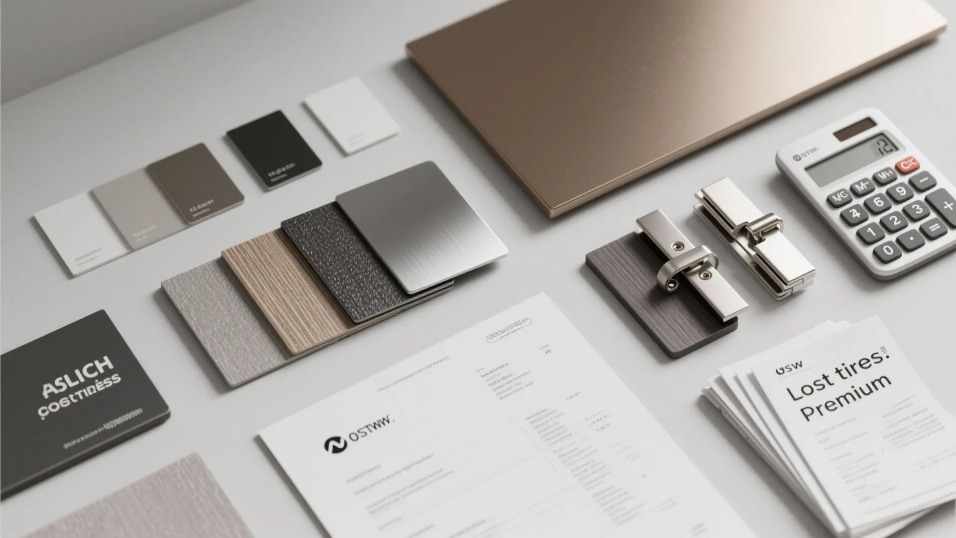 Flatlay of material swatches, hinge samples and invoices illustrating installation cost tiers.